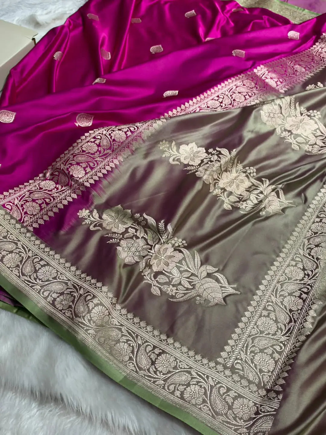 Ruby Bloom — Mashru Silk Banarasi Saree in Rani Pink