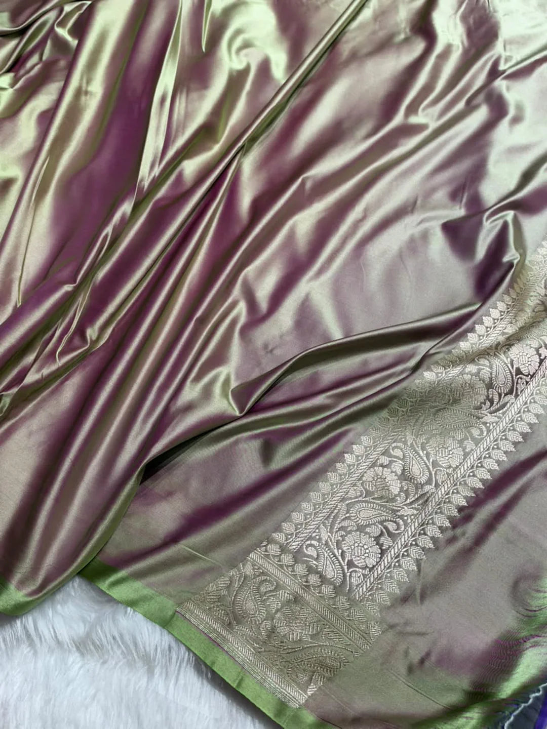 Ruby Bloom — Mashru Silk Banarasi Saree in Rani Pink