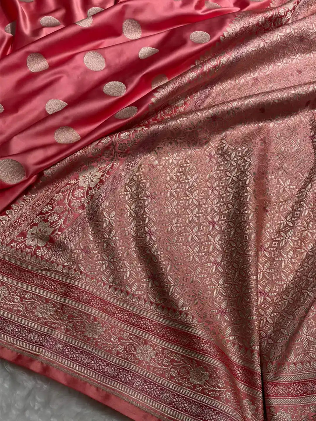 Peach Mashru silk saree with polka booti circular motifs and floral vine border - Katan Banaras