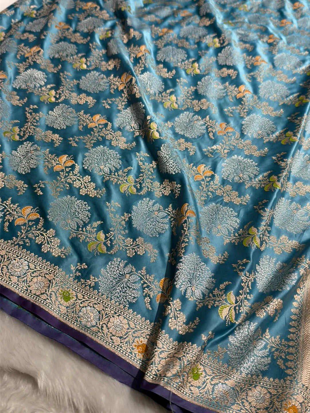 Blue Meadow — Mashru Silk Banarasi Saree in Dusty German Blue