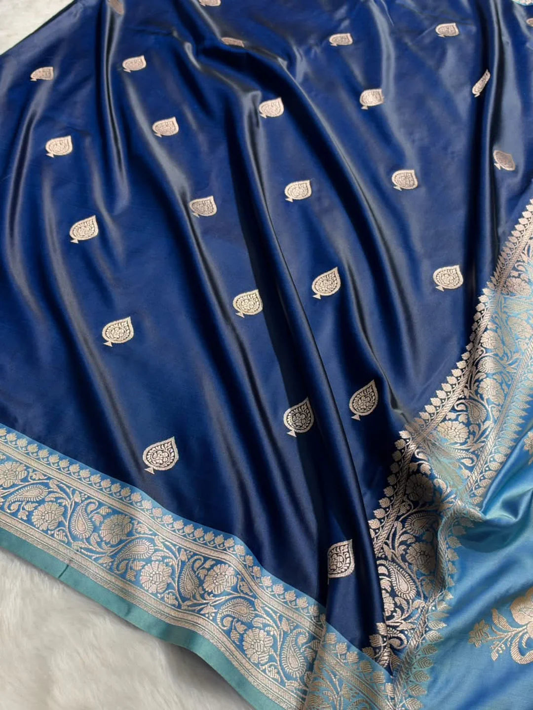 Moonlit Florals — Mashru Silk Banarasi Saree in Navy Blue