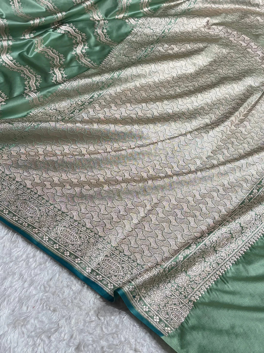 Seafoam Lattice — Mashru Silk Banarasi Saree in Sea Green