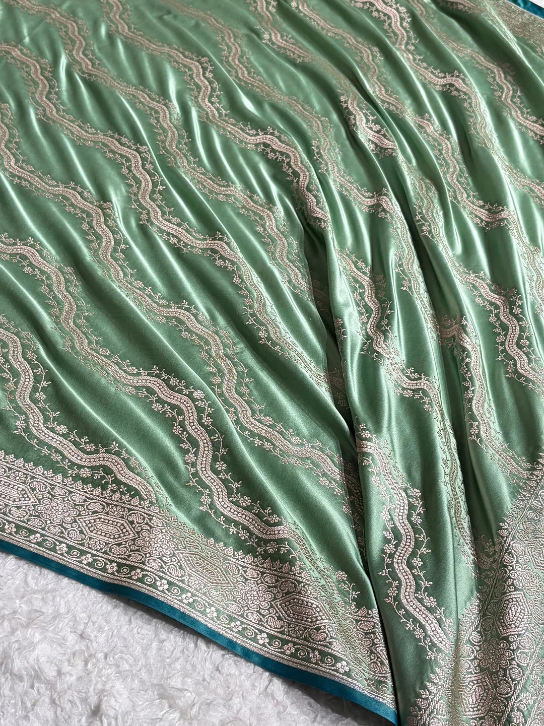 Seafoam Lattice — Mashru Silk Banarasi Saree in Sea Green