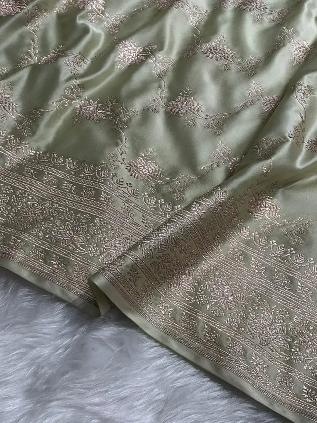 Golden Garden — Mashru Silk Banarasi Saree in Pistachio Beige