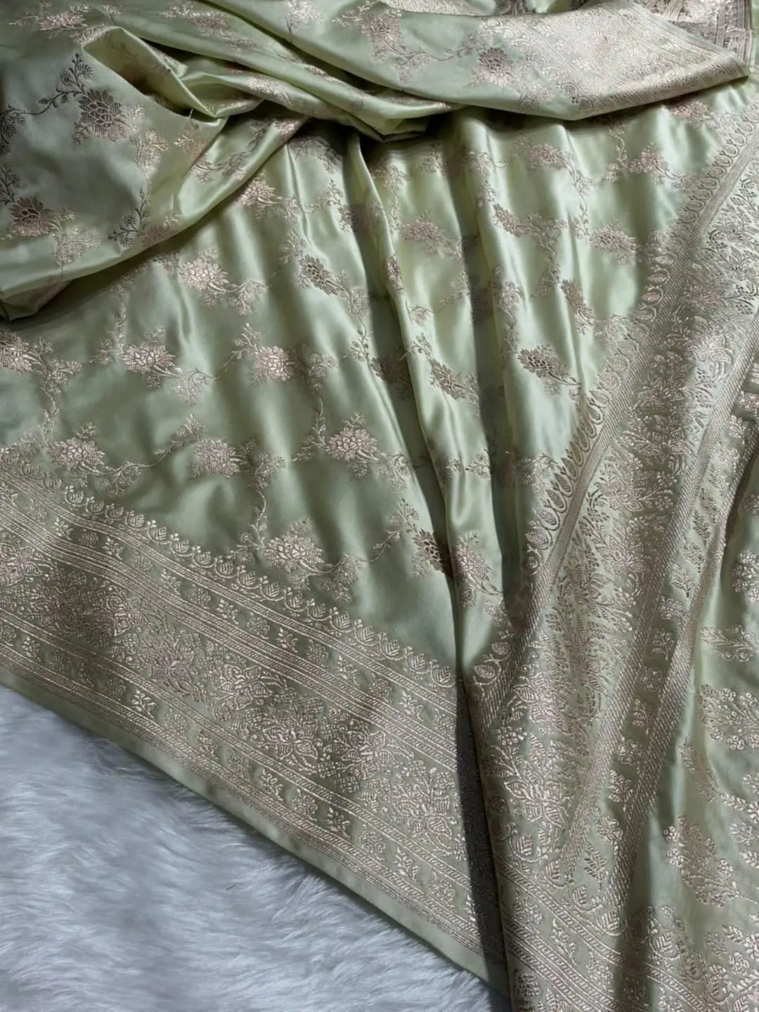Golden Garden — Mashru Silk Banarasi Saree in Pistachio Beige