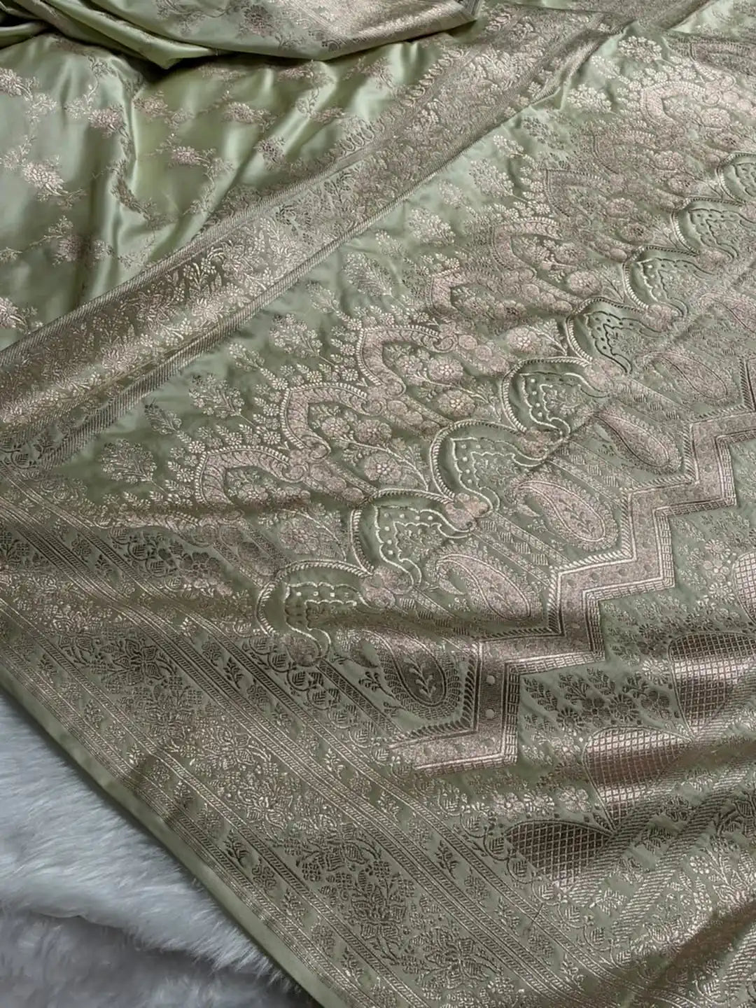 Golden Garden — Mashru Silk Banarasi Saree in Pistachio Beige