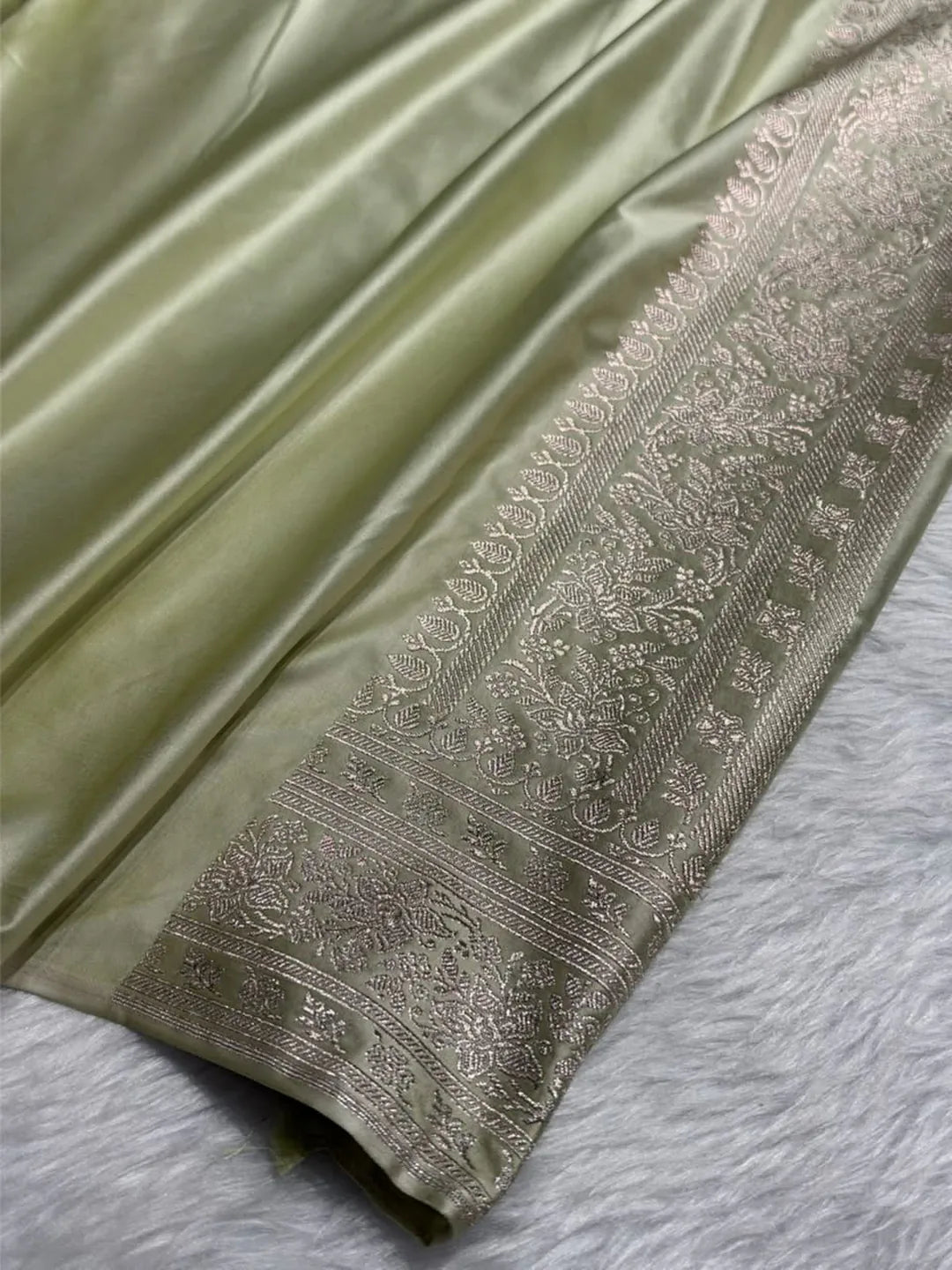 Golden Garden — Mashru Silk Banarasi Saree in Pistachio Beige