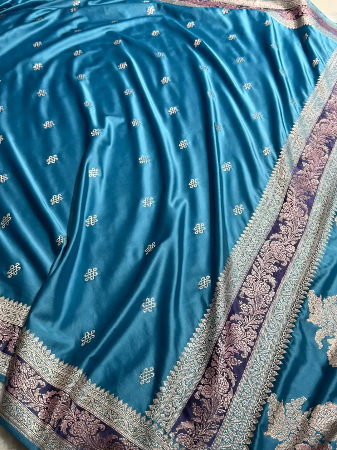 Dusty blue Mashru silk Banarasi saree with floral booti motifs and purple-toned floral border - Katan Banaras