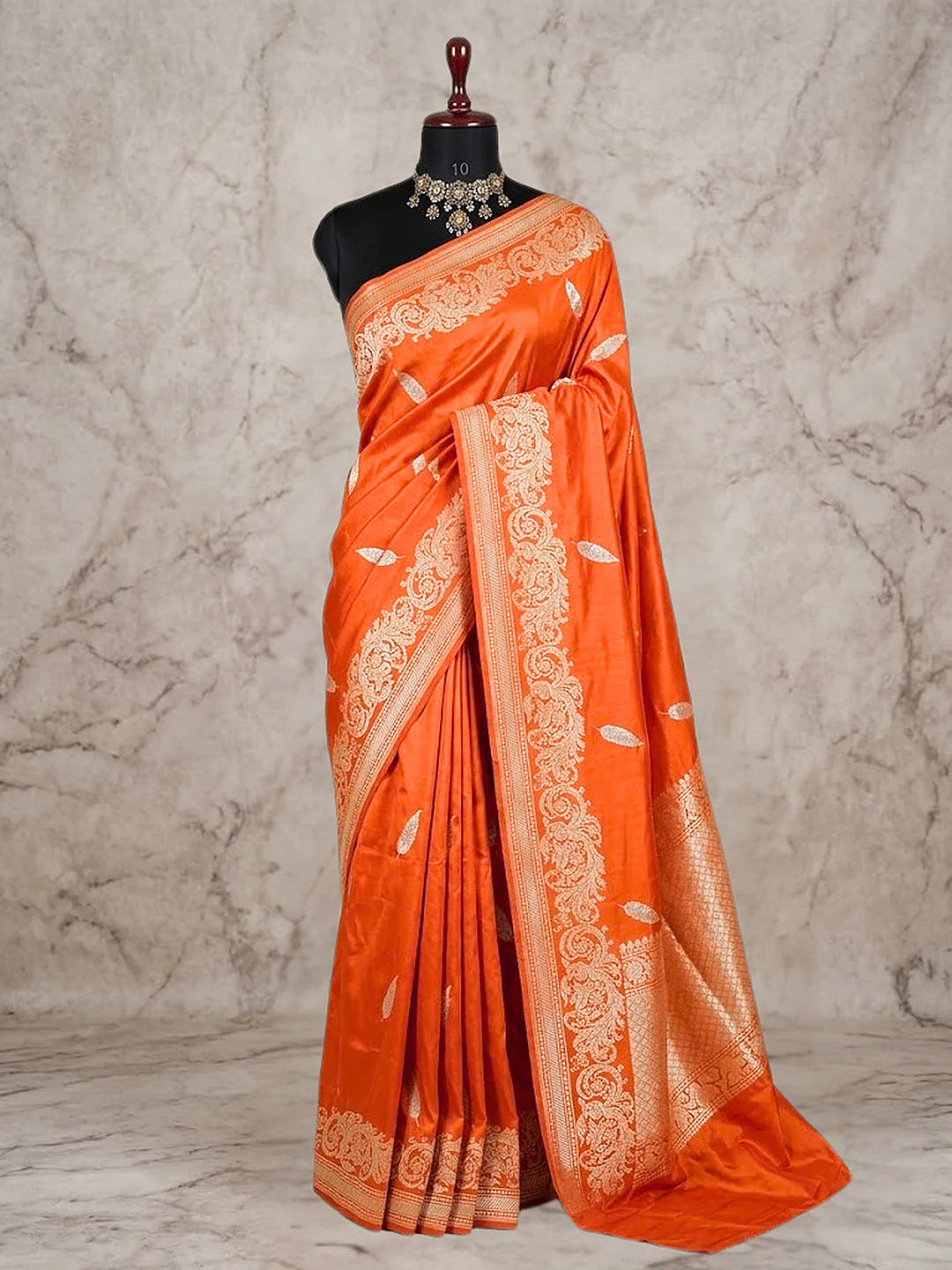 Pure Katan Silk Kadhwa Buta Banarasi Saree – Orange | Gold Zari