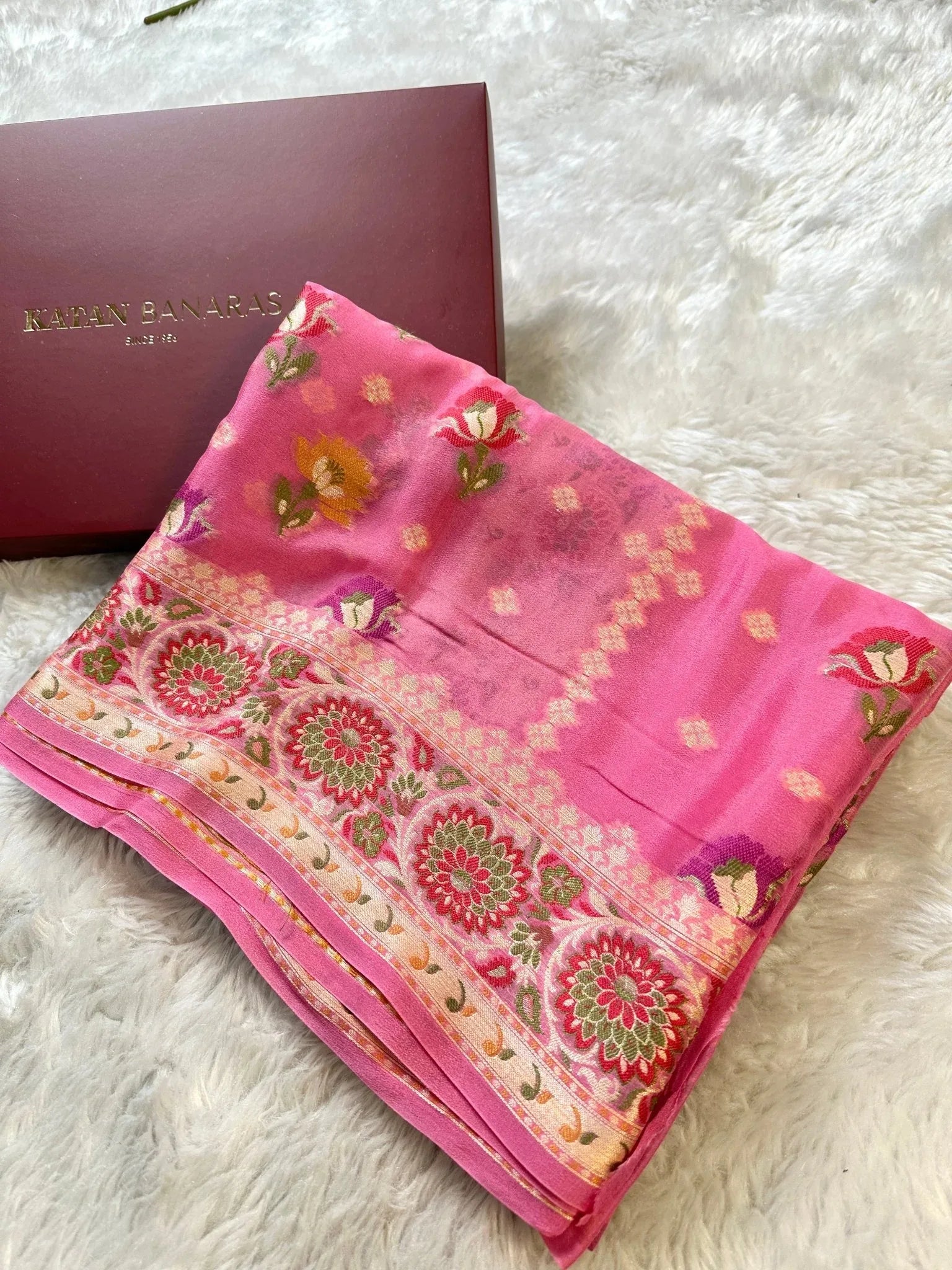 Pink and Orange Pure Chiffon Silk Banarasi Rangkat Saree with Multicolour Minakari Floral Border - Katan Banaras