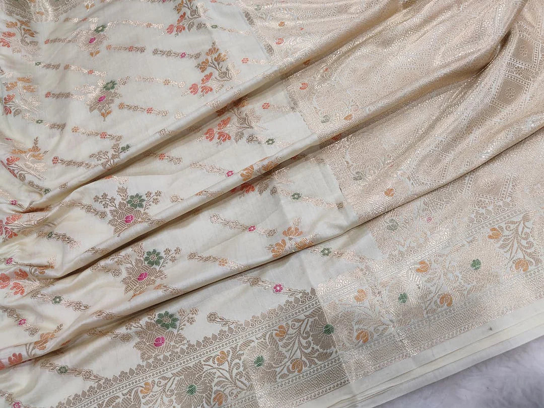 Pure Chiniya Silk Banarasi Saree | Traditional Zari Buta Weave from Varanasi - front view of Pure Chiniya Katan Silk Banarasi Saree
