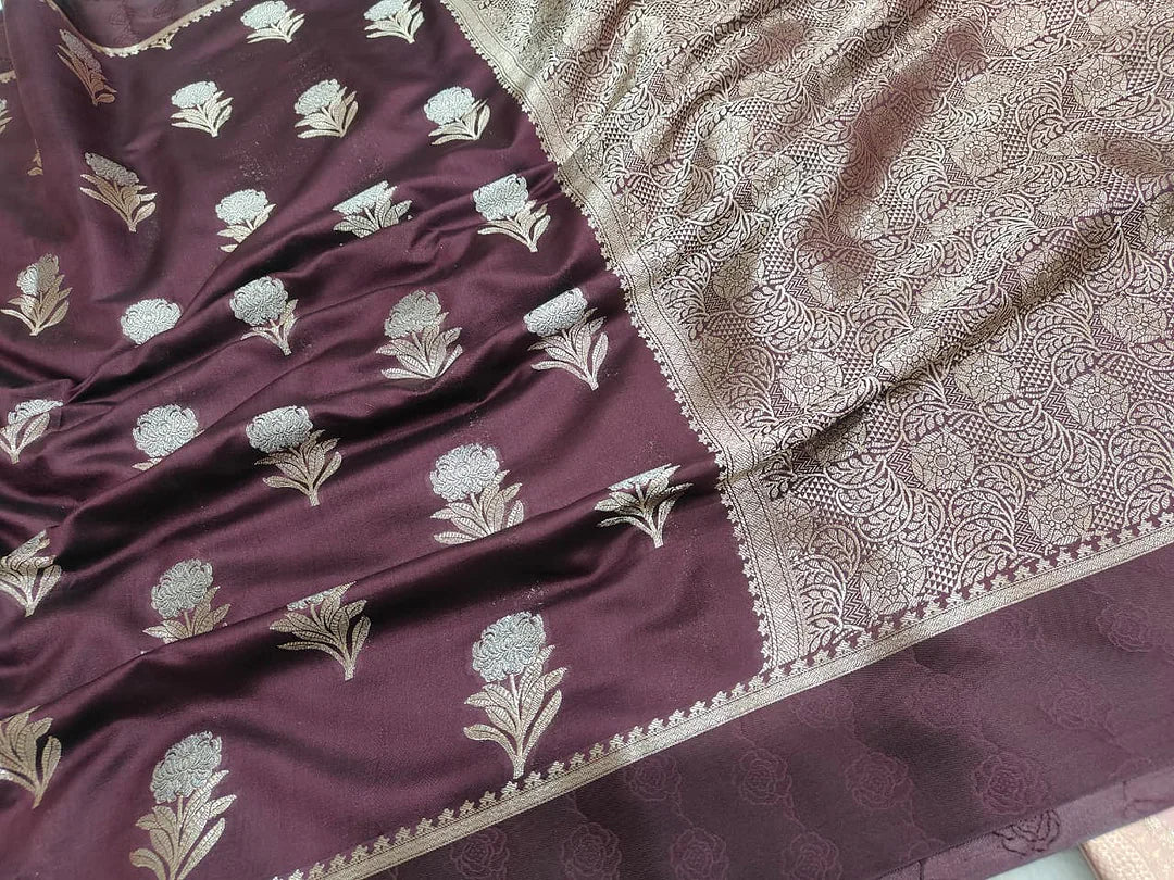 Pure Chiniya Silk Banarasi Saree with Satin Border | Buta Zari Woven Luxury Saree - Pure Chiniya Katan Silk Banarasi Saree