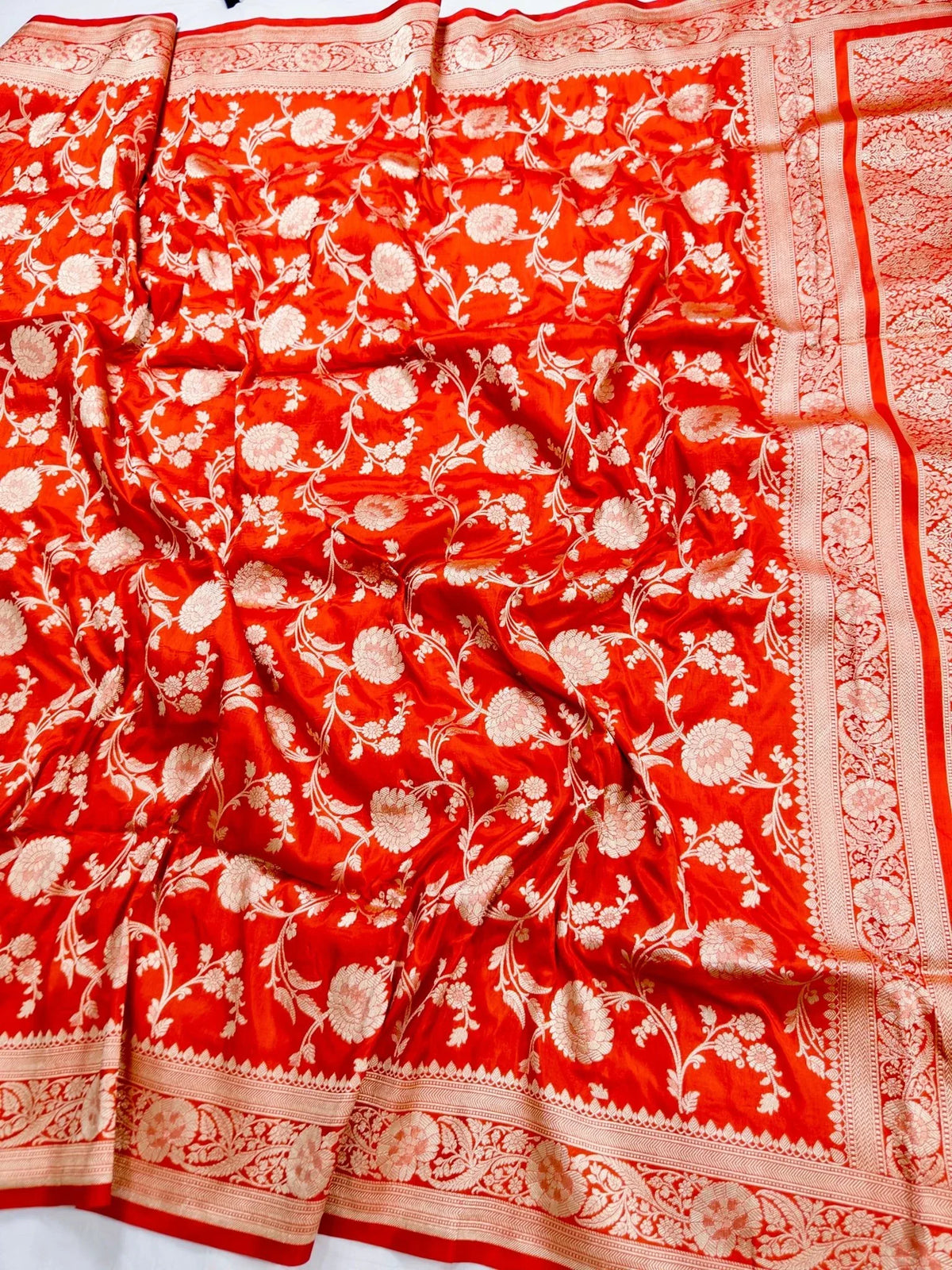 Red Pure Katan Silk Jaalwork Banarasi Saree Uppada Bridal Handwoven Festive - Katan Banaras
