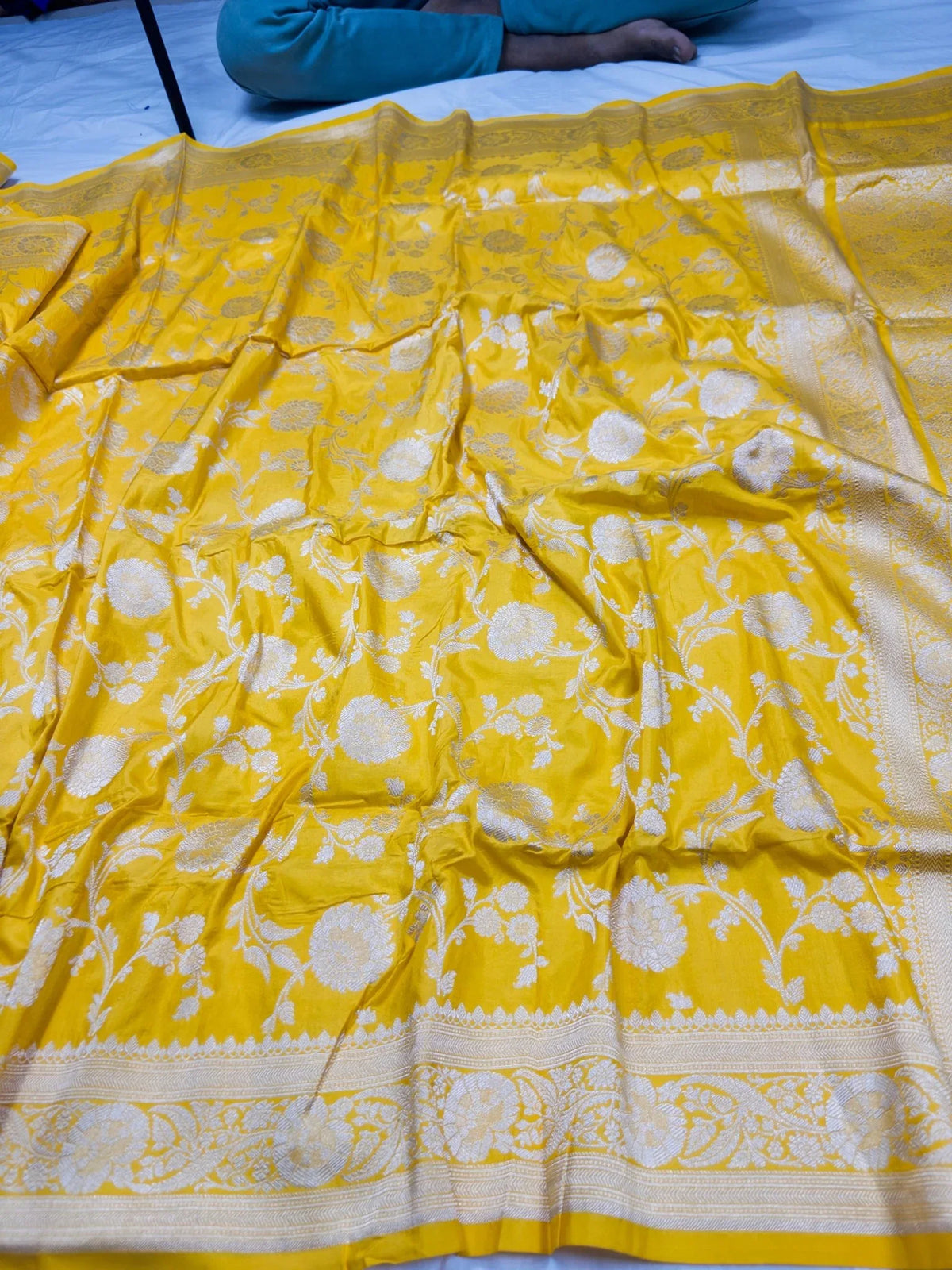 Yellow Pure Katan Silk Jaalwork Banarasi Saree Uppada Handwoven Festive - Katan Banaras