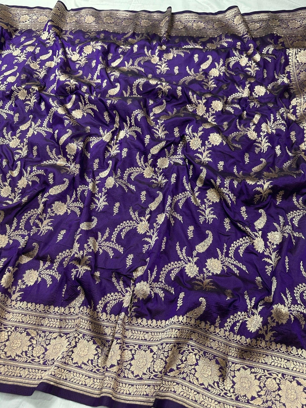 Royal Purple Pure Katan Silk Jaalwork Banarasi Saree Uppada Handwoven Luxury - Katan Banaras