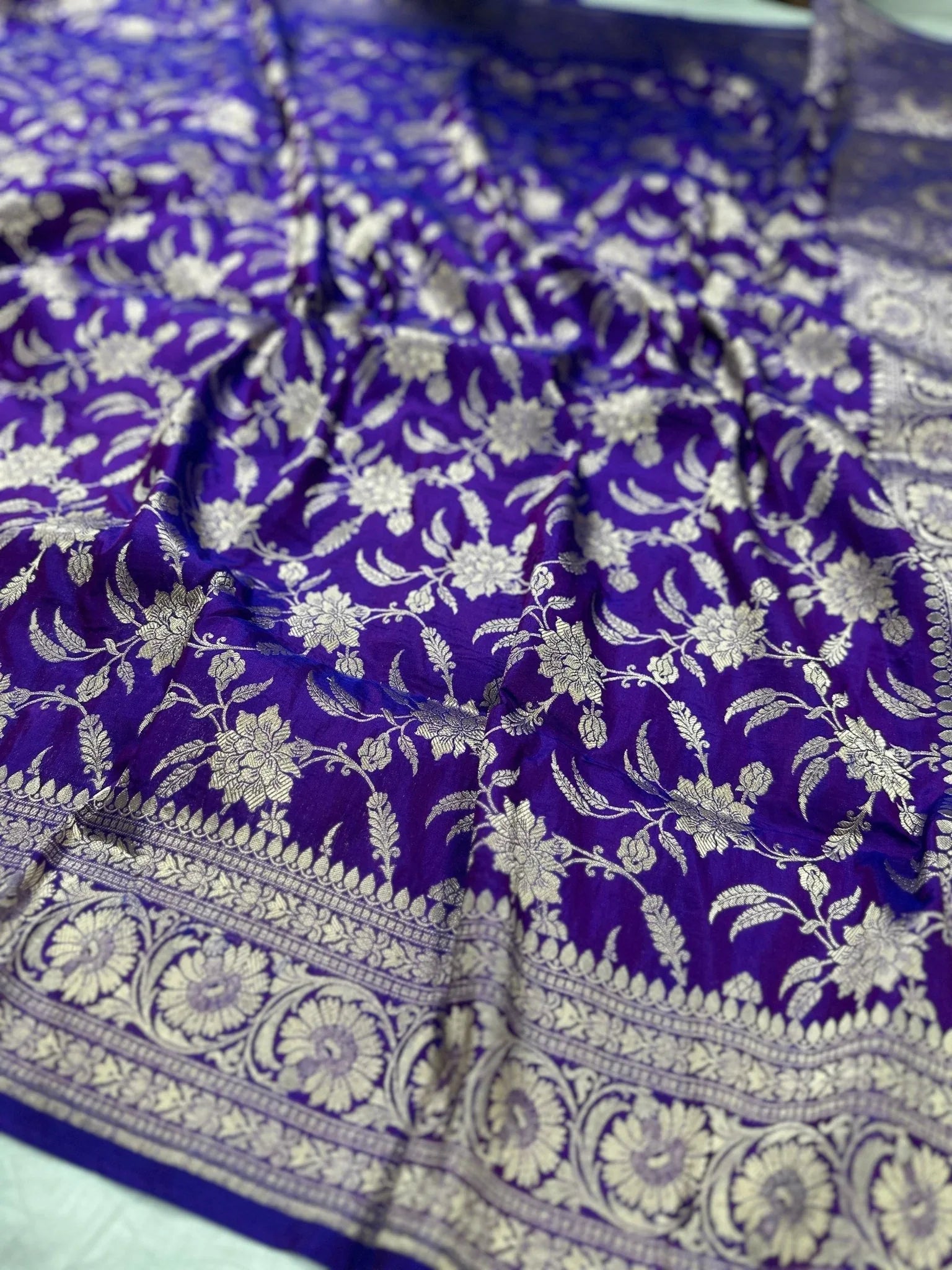 Royal Purple Pure Katan Silk Jaalwork Banarasi Saree Uppada Weave Handwoven Festive - Katan Banaras