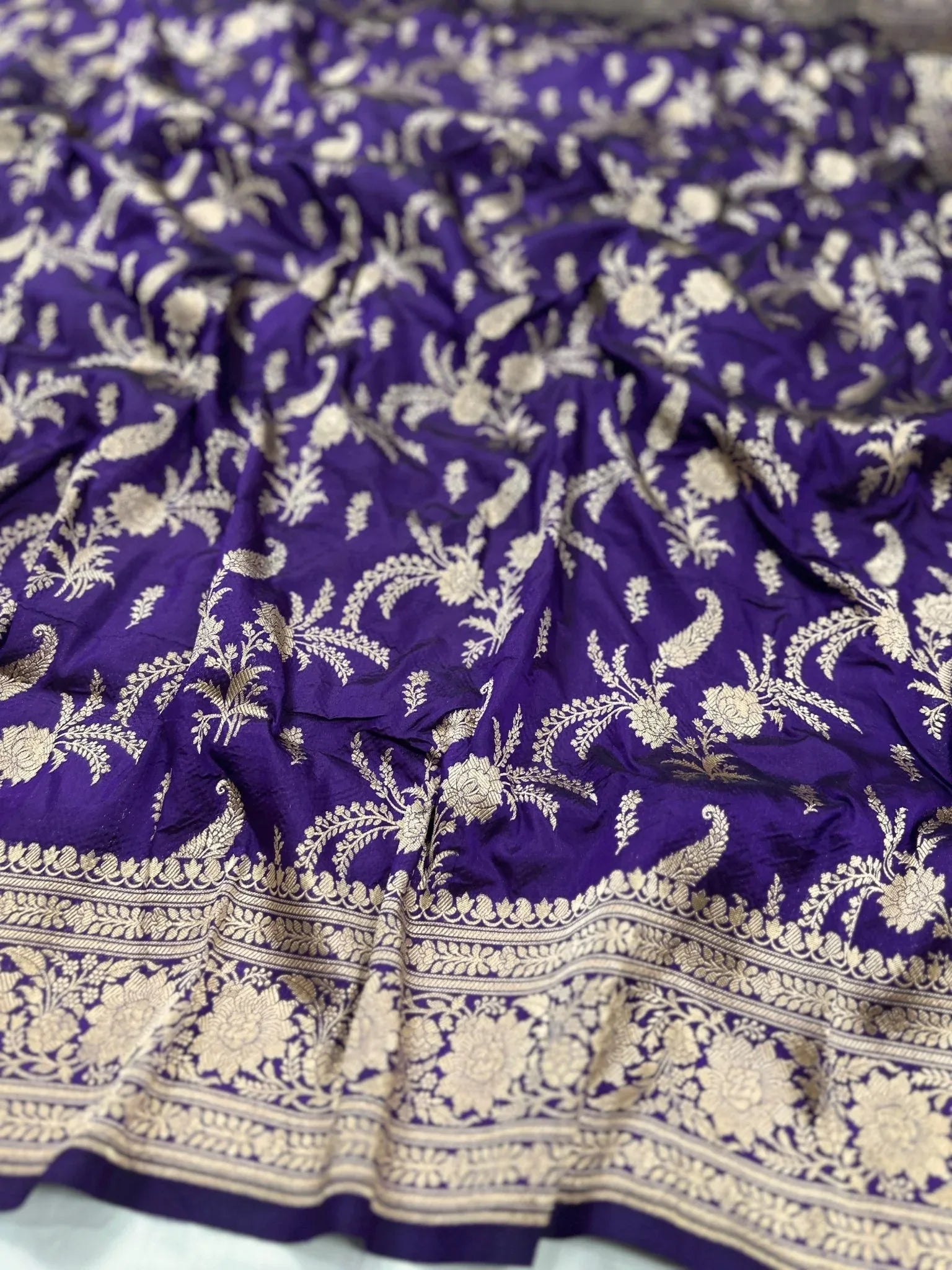 Royal Purple Pure Katan Silk Jaalwork Banarasi Saree Uppada Handwoven Luxury - Katan Banaras