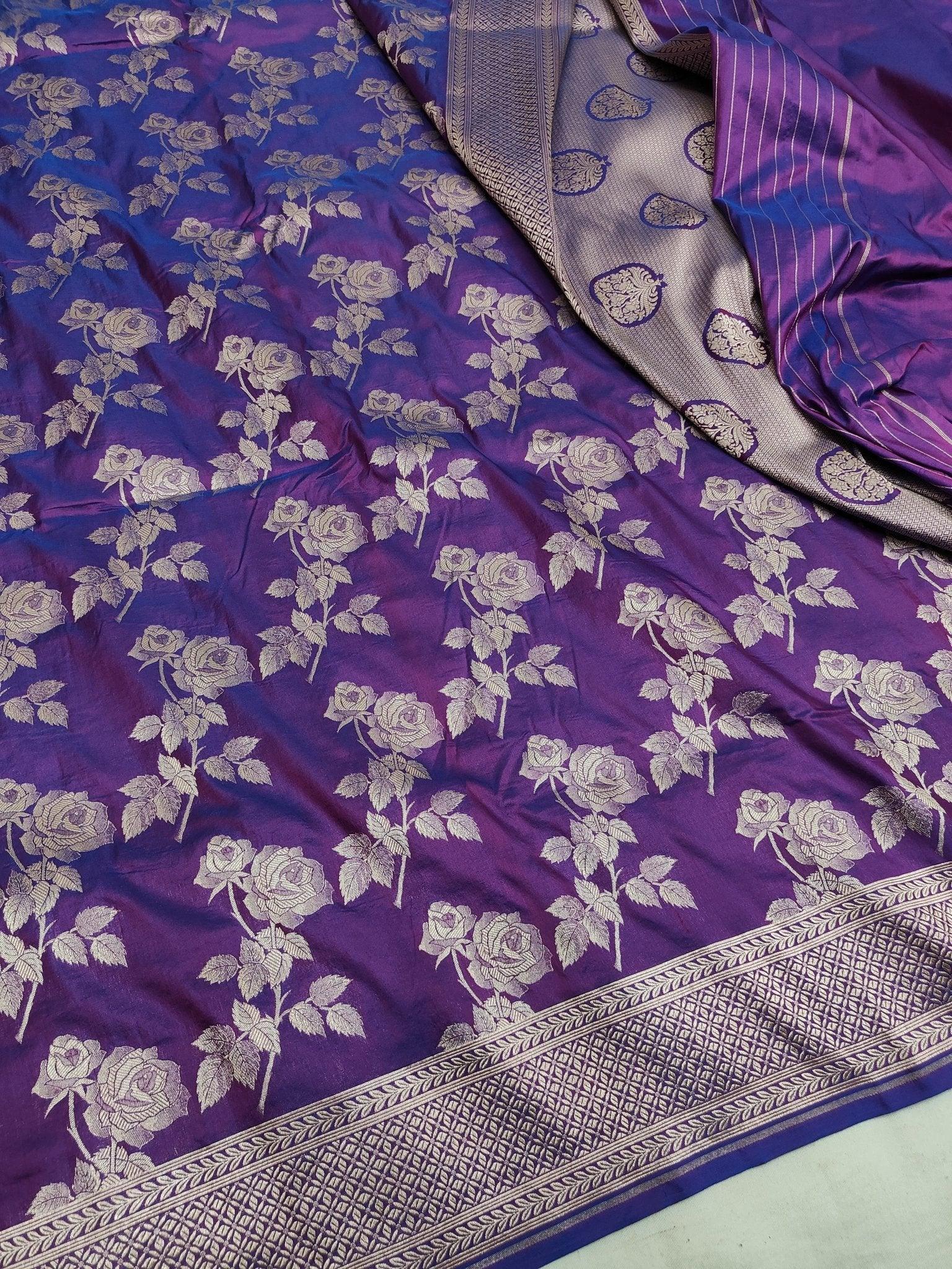Dual Tone Purple Katan Silk Banarasi Saree | Pure Gold Zari - Katan Banaras