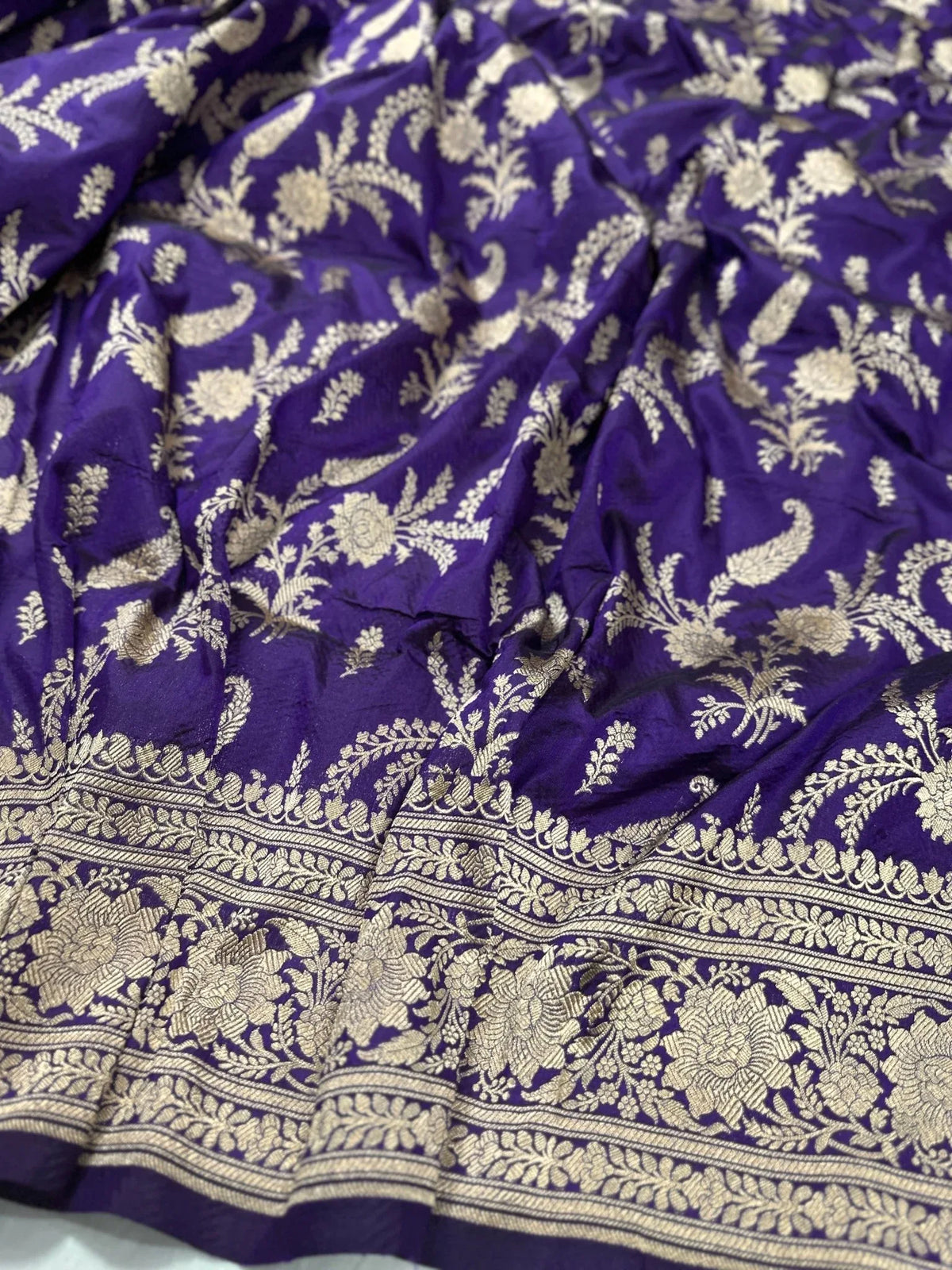 Royal Purple Pure Katan Silk Jaalwork Banarasi Saree Uppada Handwoven Luxury - Katan Banaras