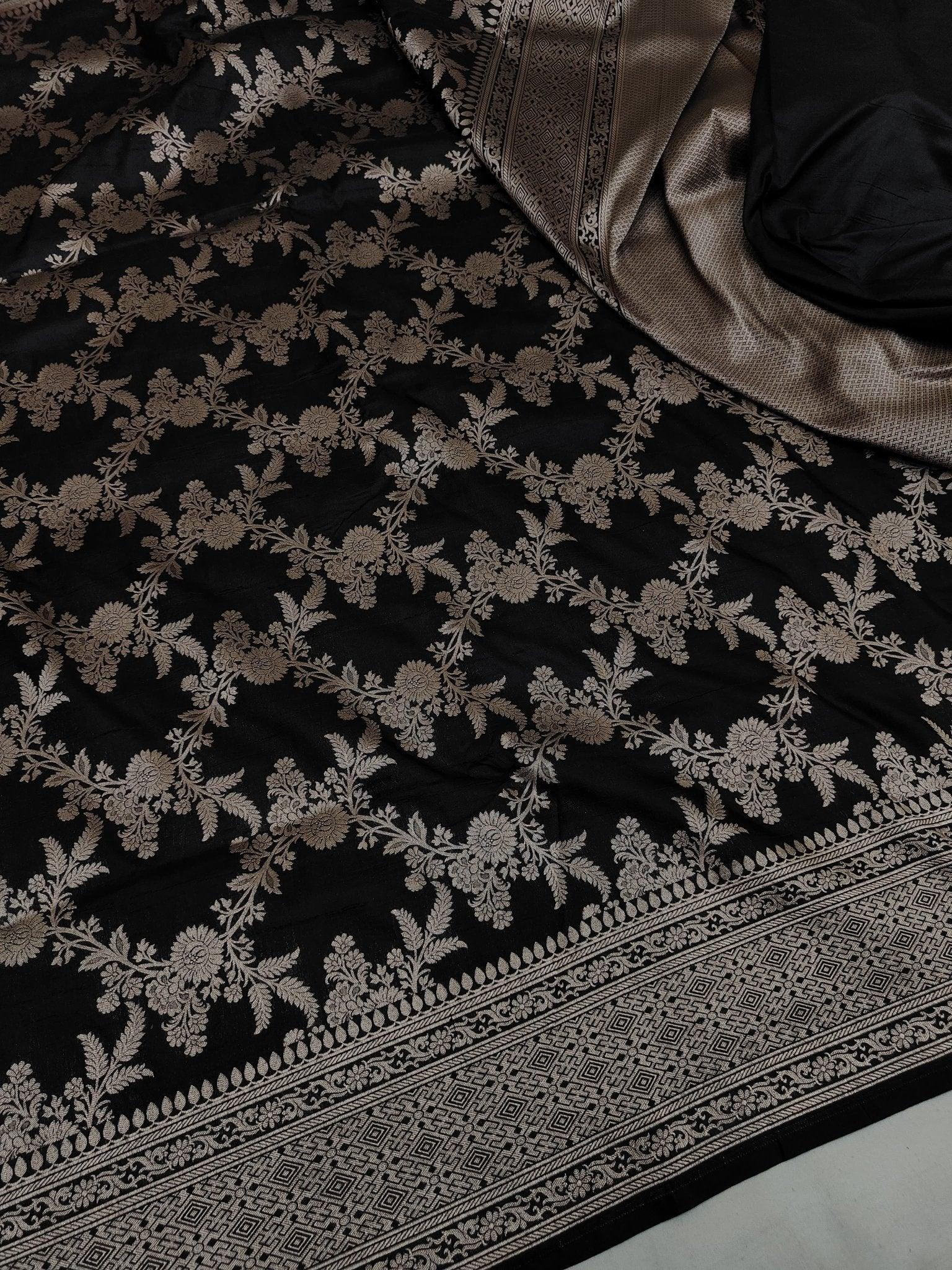 Royal Black Pure Katan Silk Jaalwork Banarasi Saree Uppada Gold Zari Festive - Katan Banaras