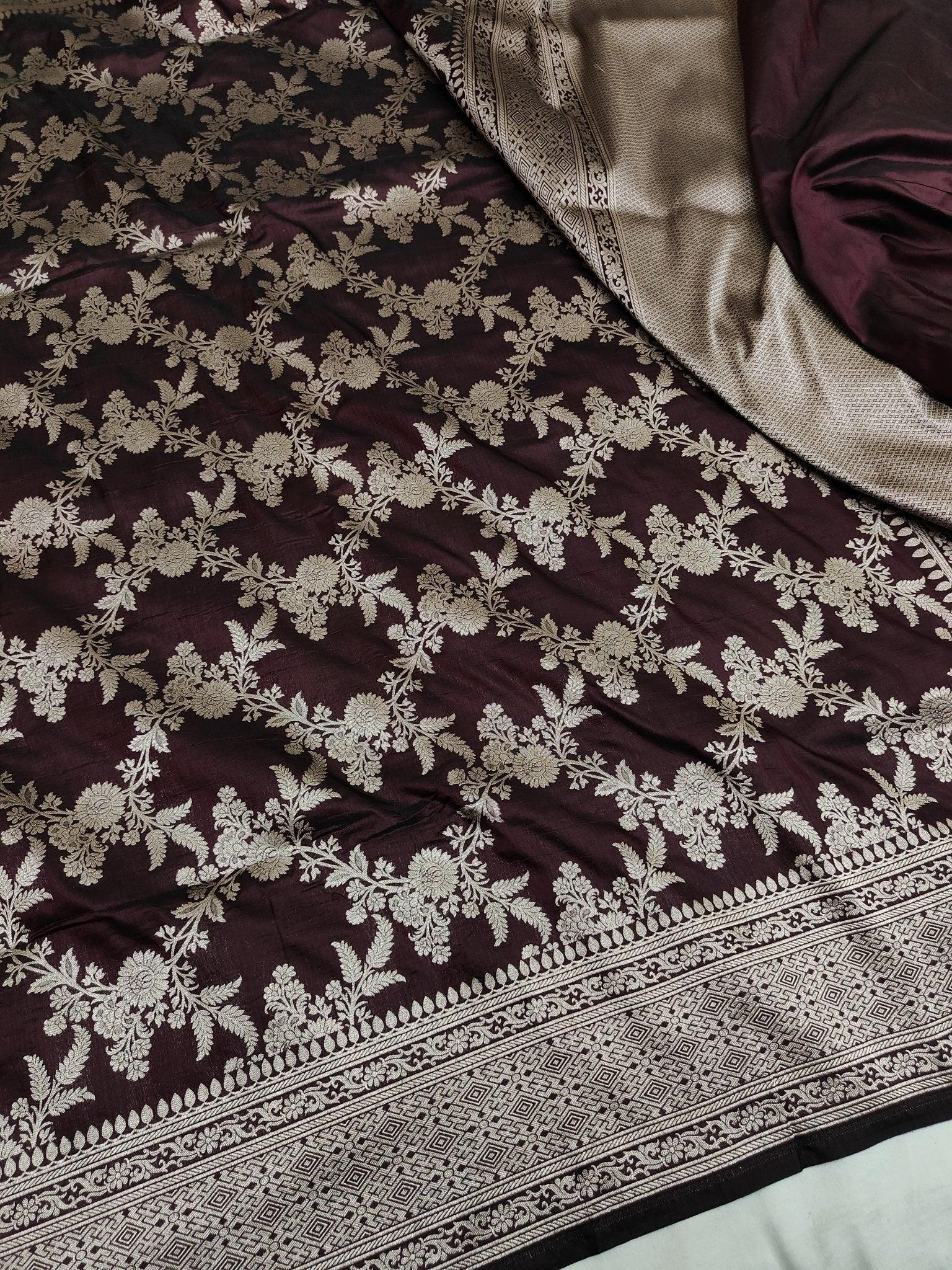 Garnet Pure Katan Silk Jaalwork Banarasi Saree Uppada Handwoven Festive - Katan Banaras