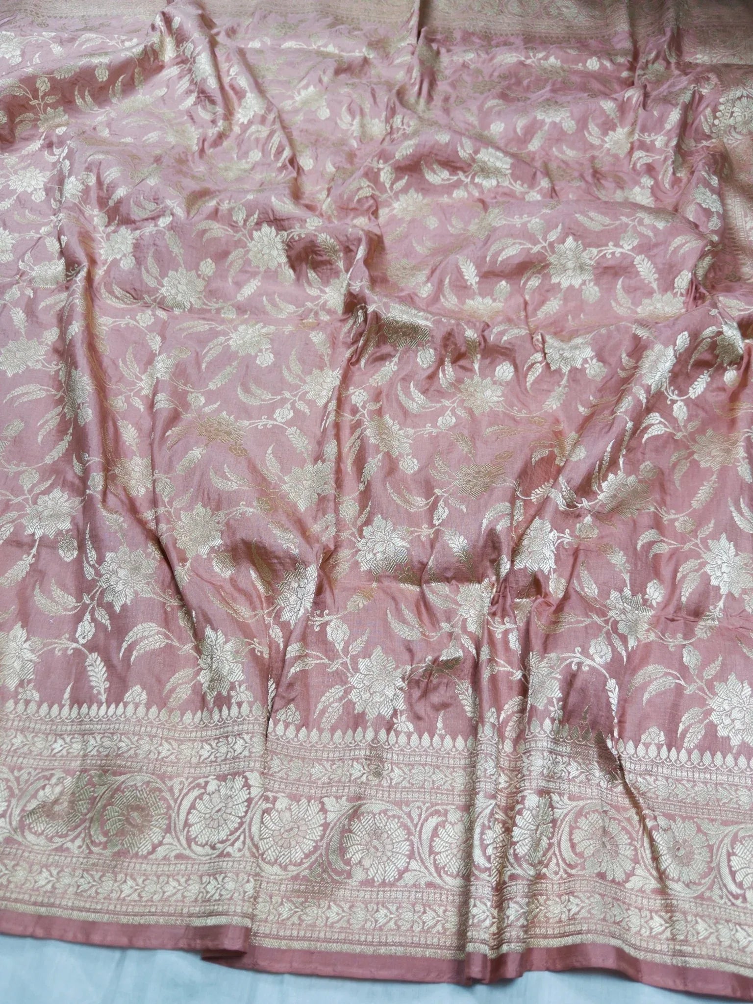 Peach Purple Pure Katan Silk Jaalwork Banarasi Saree Uppada Handwoven Festive - Katan Banaras