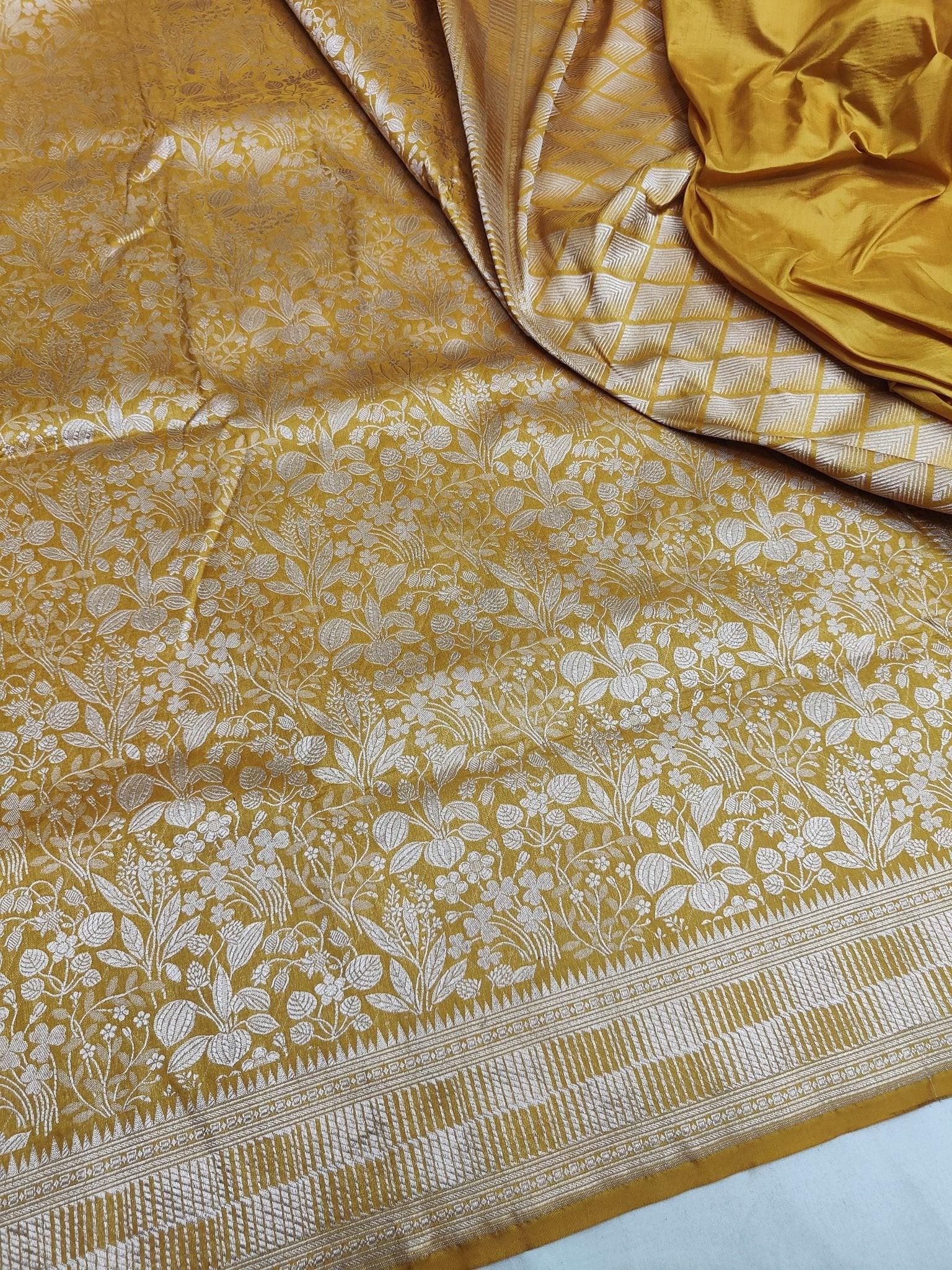 Pure Katan Silk Brocade Banarasi Saree Gold Zari Multicolor Festive Handwoven - Katan Banaras
