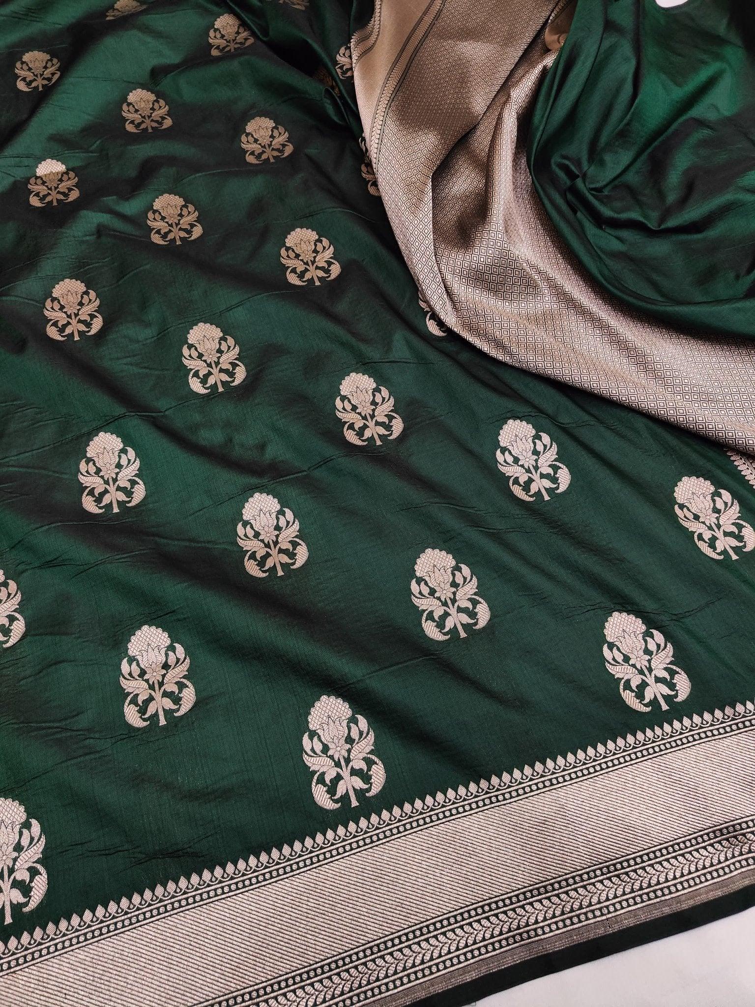 Bottle Green Pure Katan Silk Banarasi Saree Small Buti Motifs Gold Zari Royal Weave - Katan Banaras