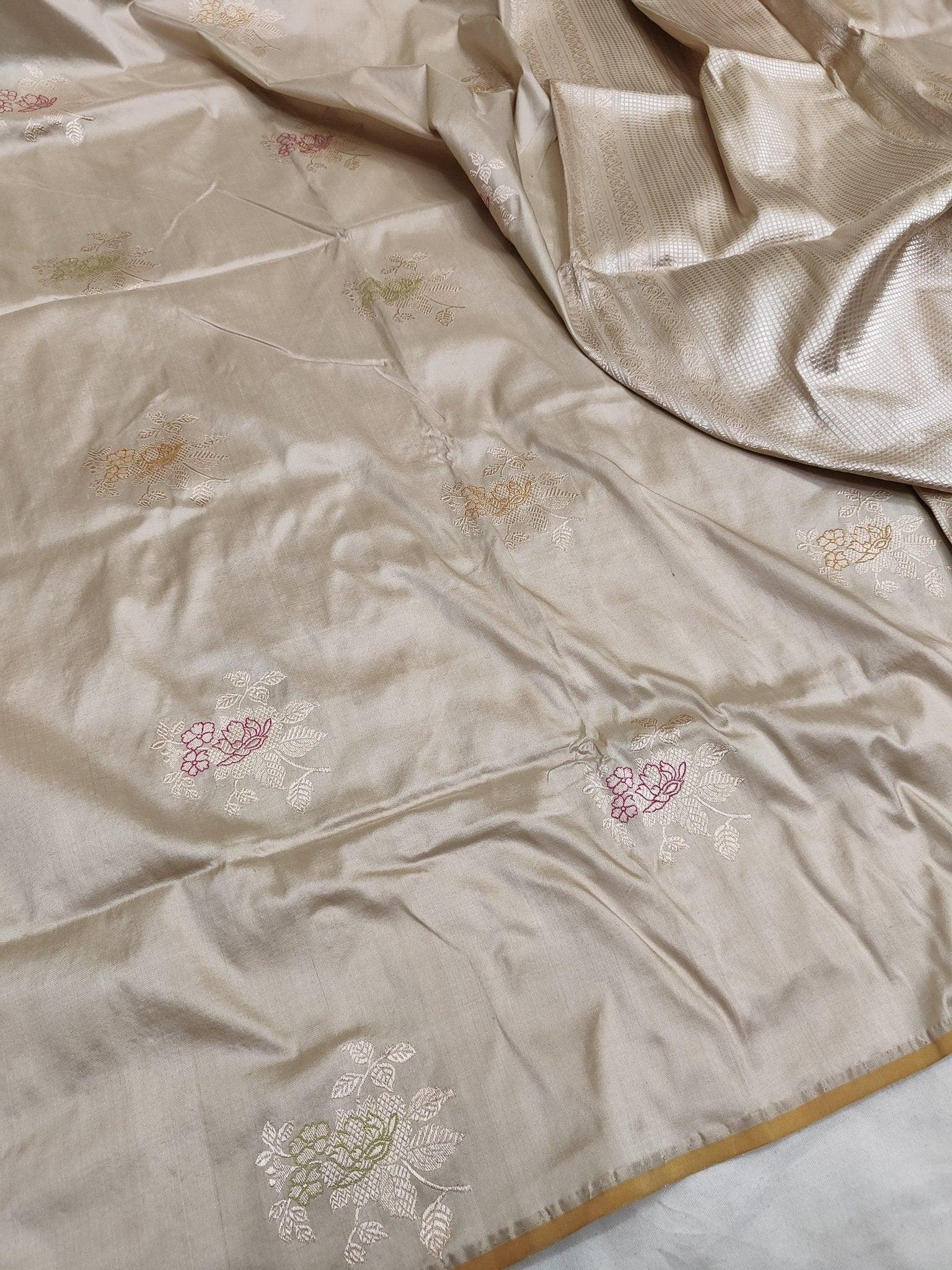Pure Katan Silk Kadhwa Buta Handloom Banarasi Saree Real Zari Motifs Heritage Weave - Katan Banaras