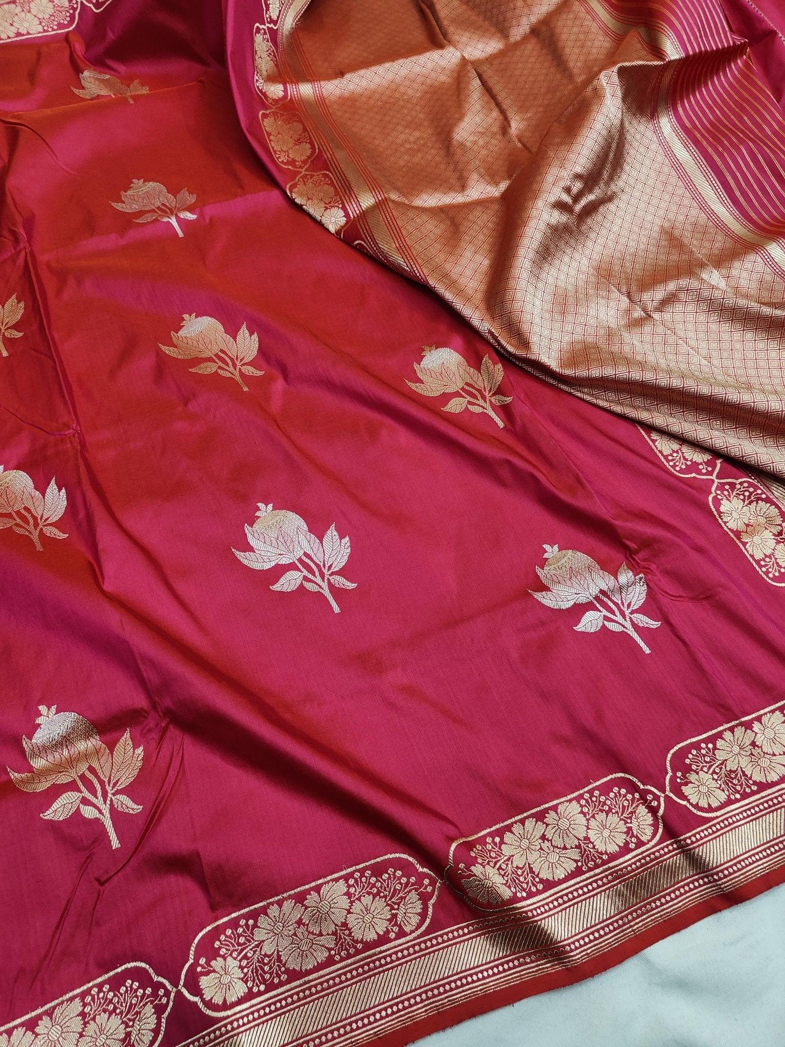 Pink Pure Katan Silk Kadhwa Buta Handloom Banarasi Saree Real Zari Masterpiece - Katan Banaras