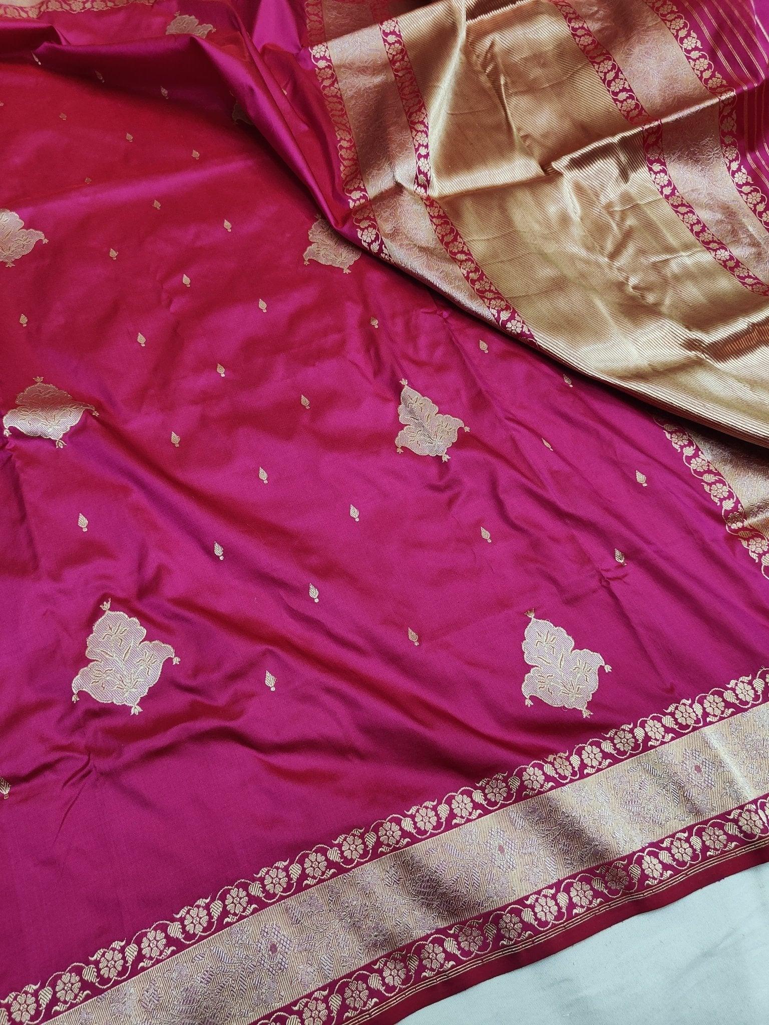 Rani Pink Pure Katan Silk Kadhwa Buta Handloom Banarasi Saree Real Zari Royal Weave - Katan Banaras