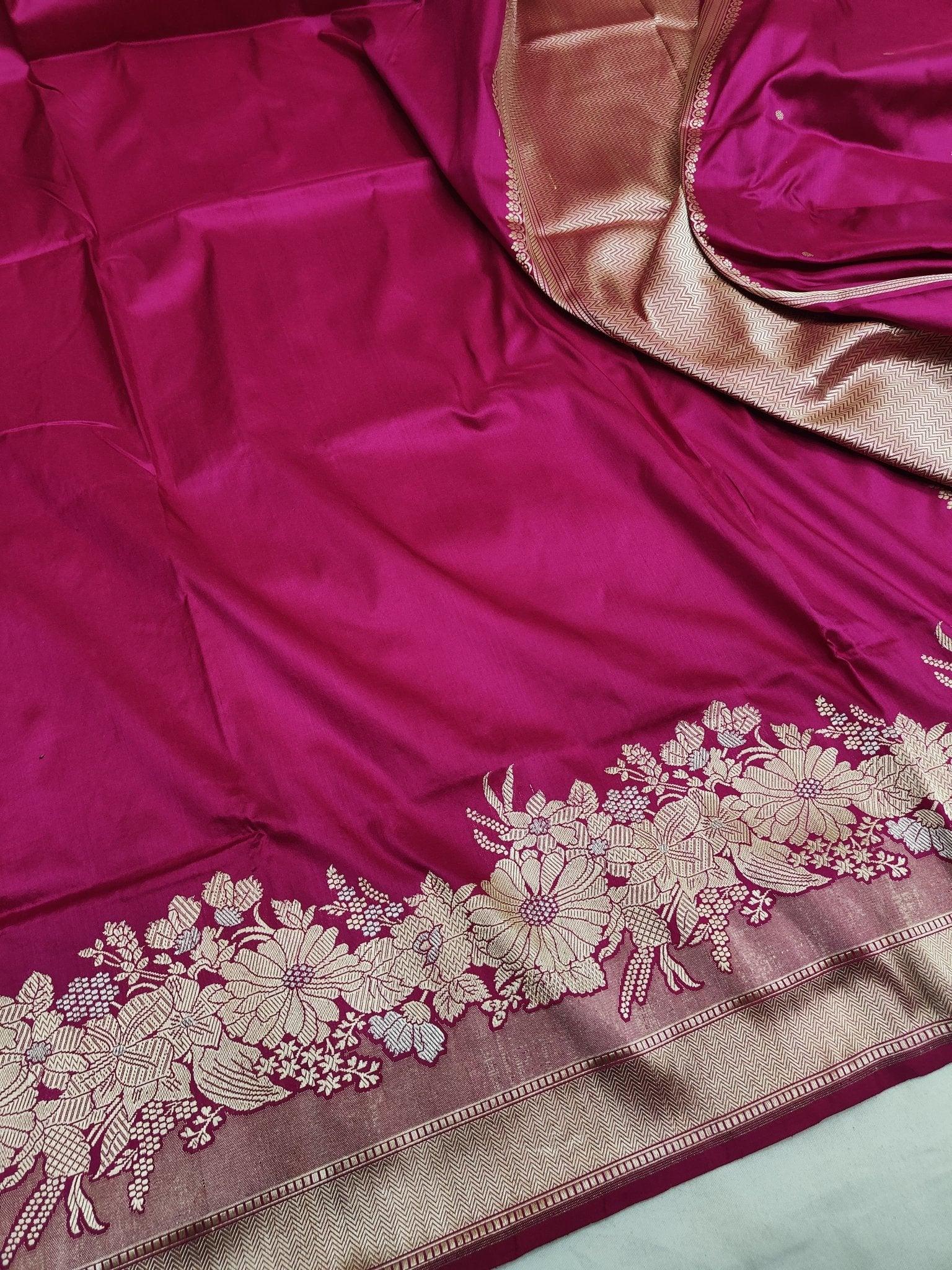 Dark Purple Pure Katan Silk Kadhwa Handloom Banarasi Saree Real Zari Buta Masterpiece - Katan Banaras