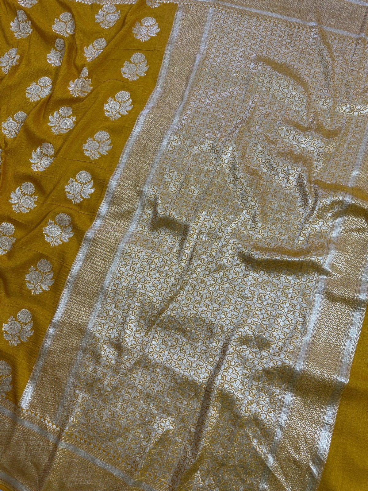 Pure Moonga Silk Banarasi Saree - Handwoven Elegance from Varanasi - Katan Banaras - drape side view | Pure Moonga Silk Banarasi Saree