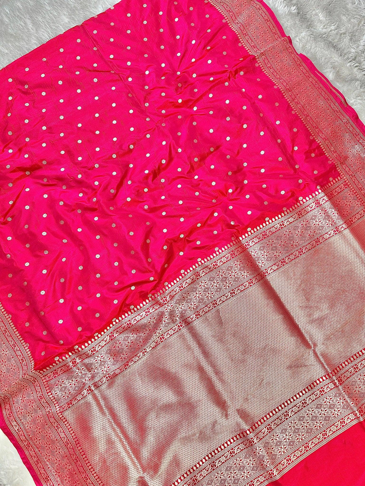 Rani Pink Pure Katan Silk Banarasi Saree with Silver Zari Buti & Traditional Handwoven Border - Katan Banaras