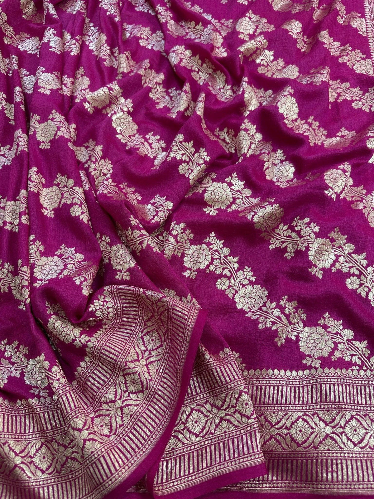 Rani Pink Pure Moonga Silk Banarasi Saree with Uppada Weave and Pure Gold Zari - border detail | Pure Moonga Silk Banarasi Saree