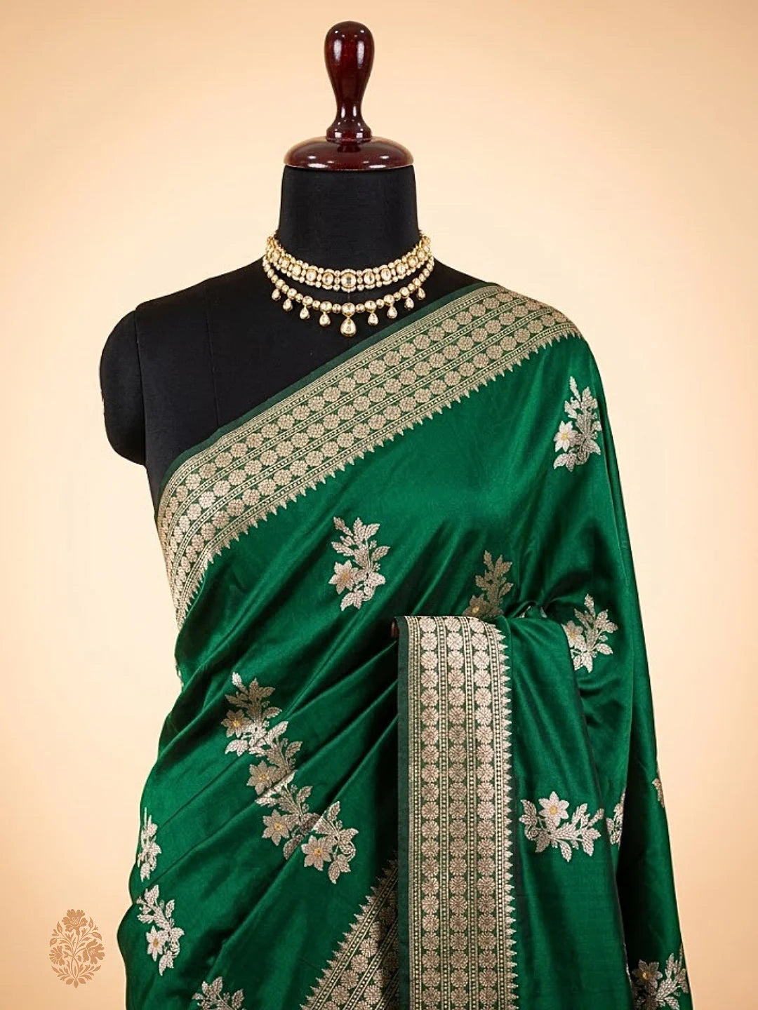 Bottle Green Pure Katan Silk Banarasi Kadhwa Buta Handloom Weaved Saree with Sona Rupa Zari Border