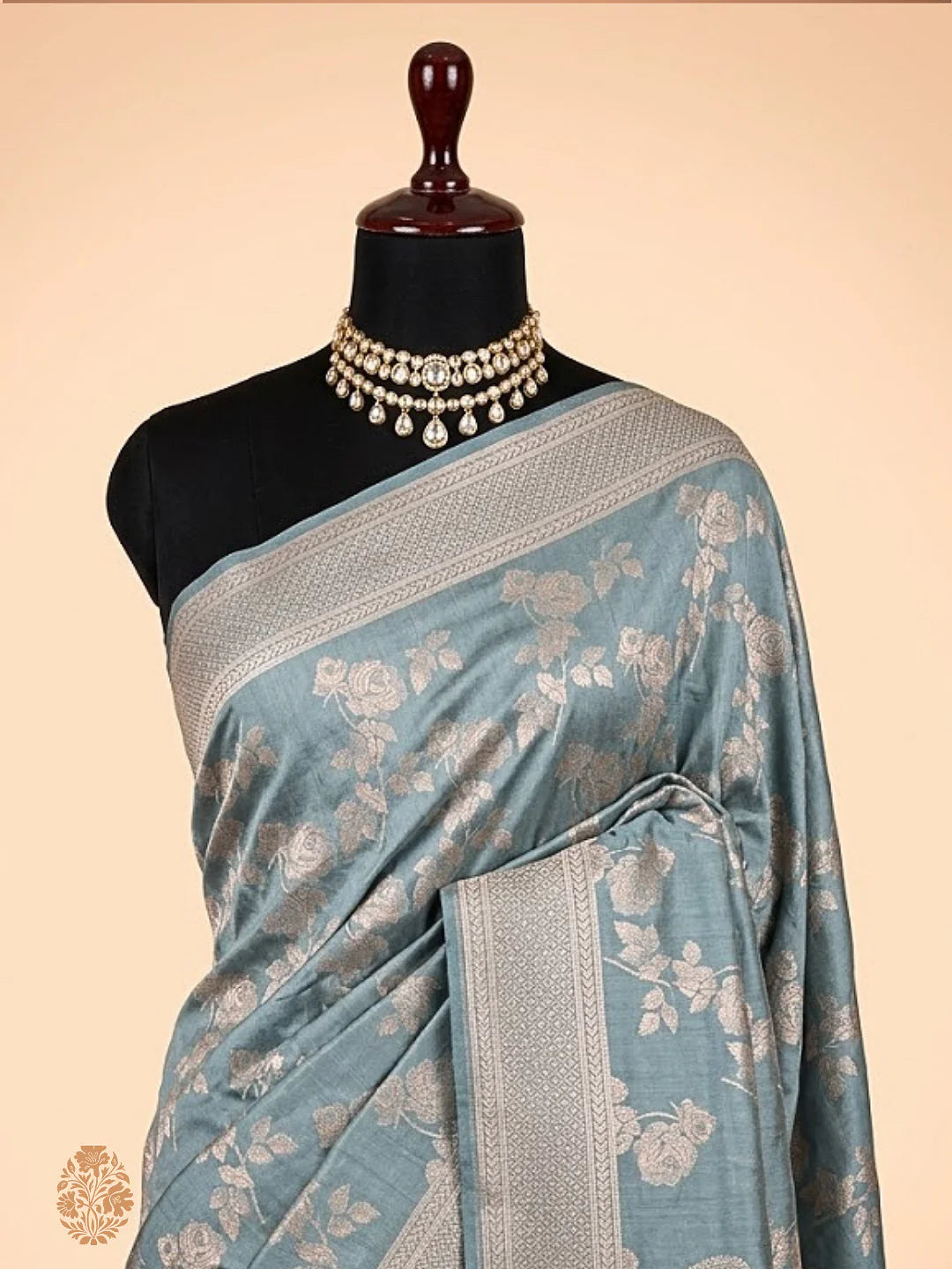 Seafoam Florals — Pure Katan Silk Banarasi Saree in Teal