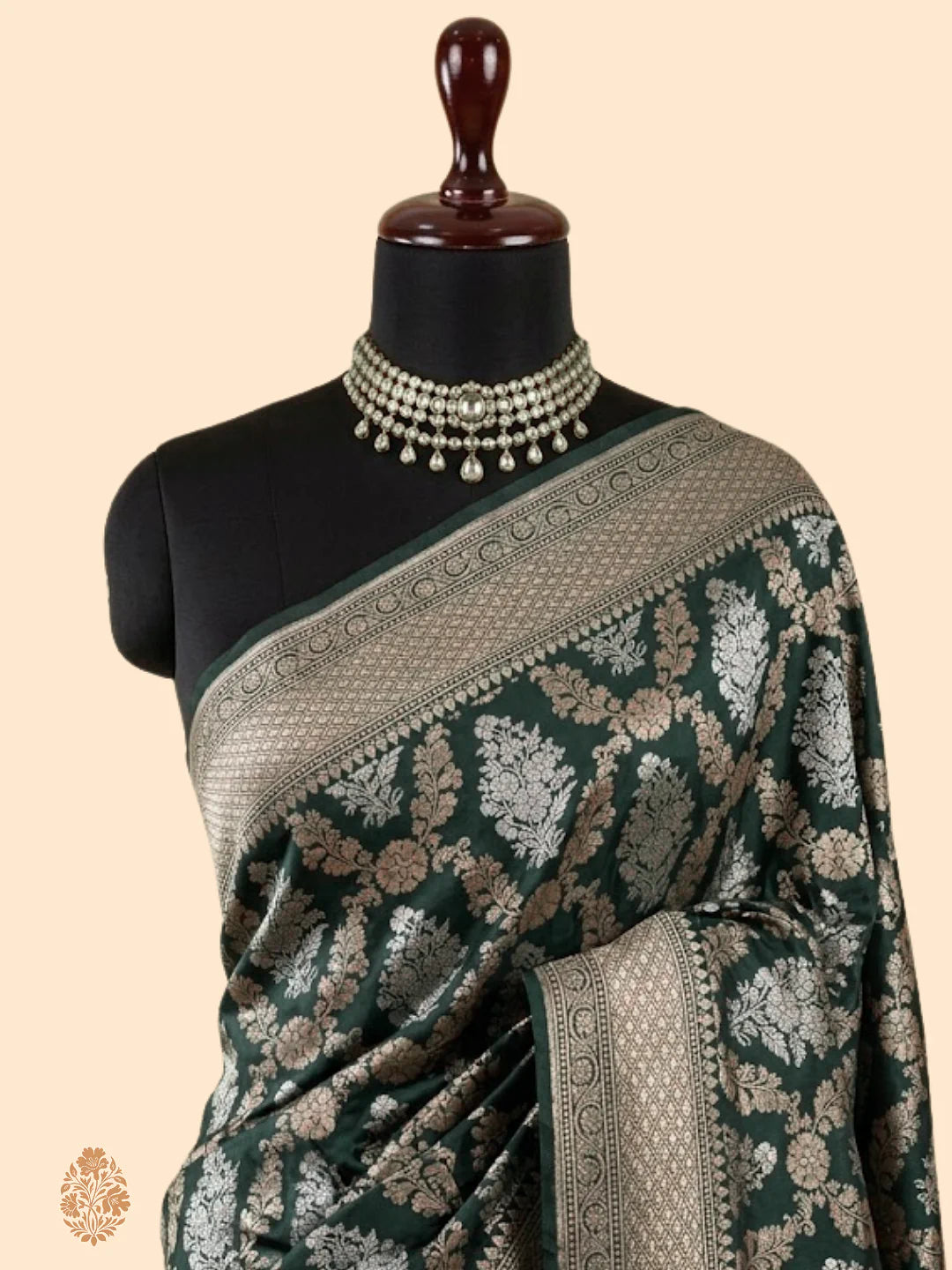 Pure Katan Silk Banarasi Saree - Bottle Green, Gold & Silver Zari Weave, Handcrafted