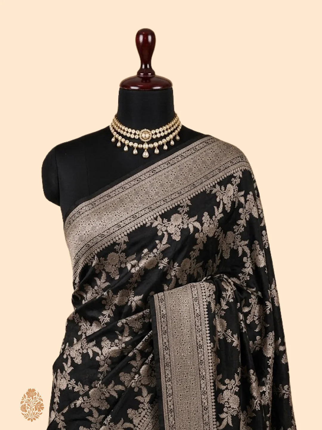 Royal Black Pure Katan Silk Jaalwork Banarasi Saree – Uppada Gold Zari Festive Wear