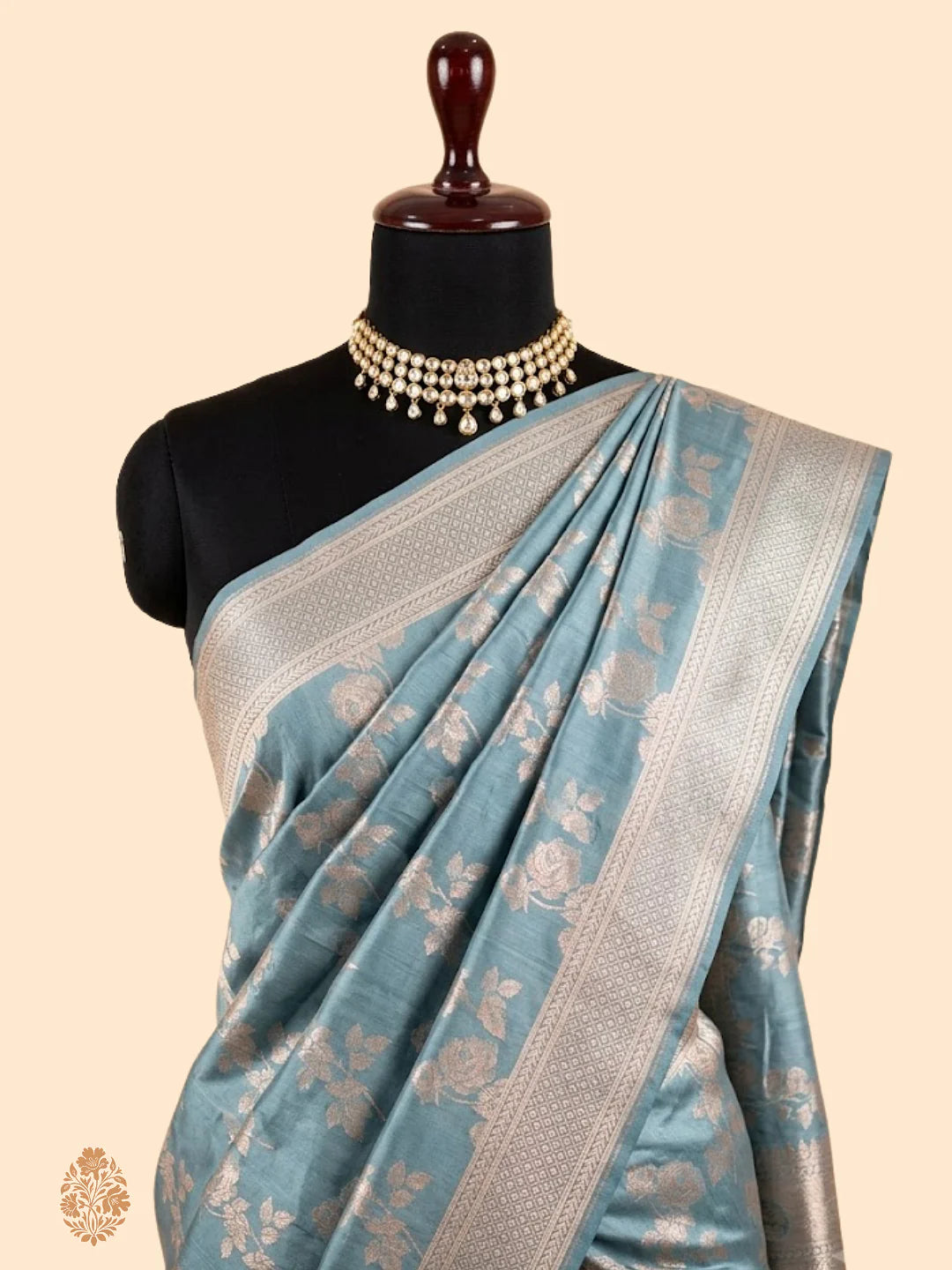 Pure Katan Silk Banarasi Saree | Powder Blue Rose Stem Jaal | Antique Silver Gold Zari Weave | KATAN BANARAS