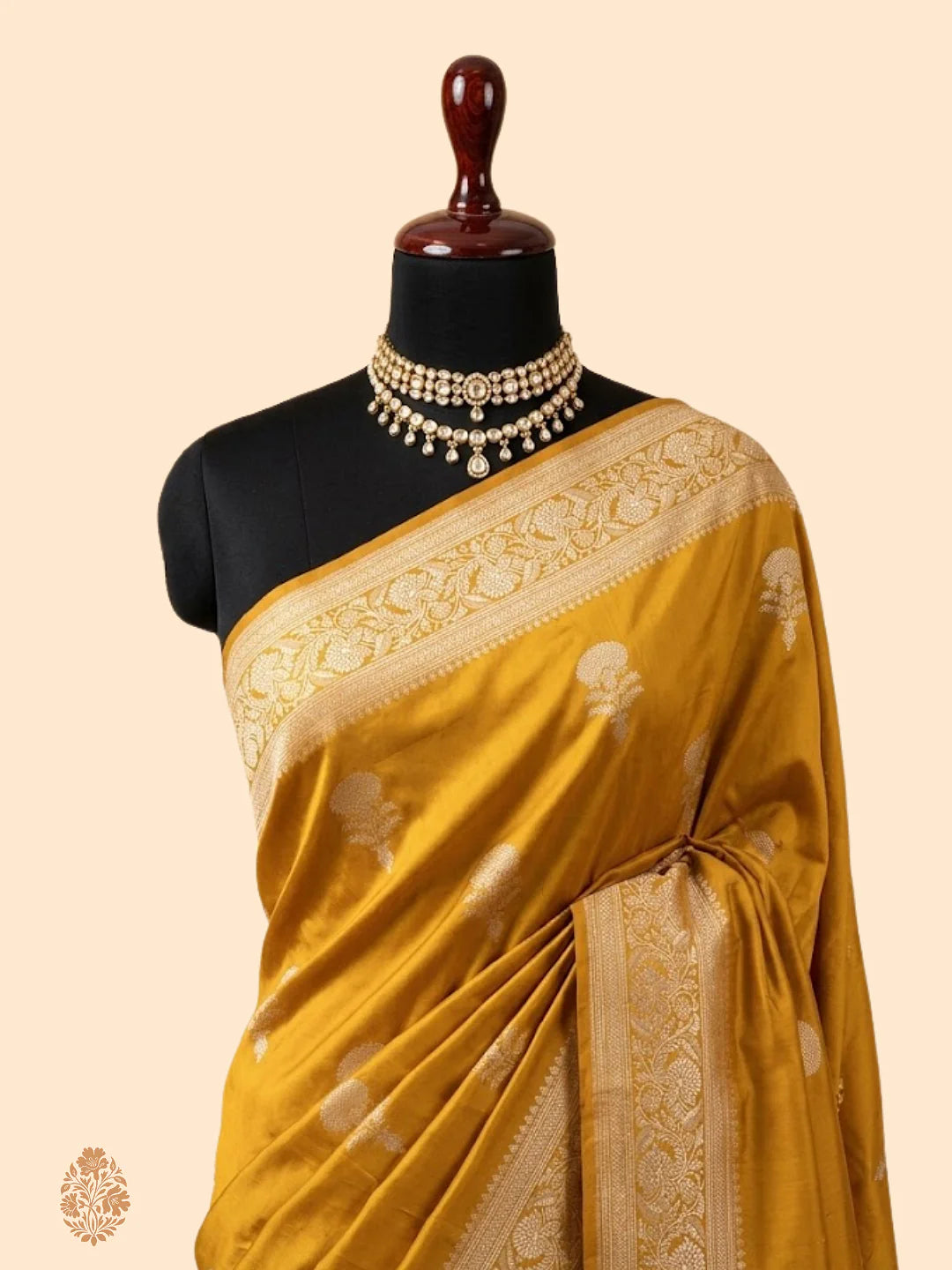 Handloom Banarasi Kadhwa Buta Saree | Pure Katan Silk | Sona Rupa Zari | Mustard Yellow