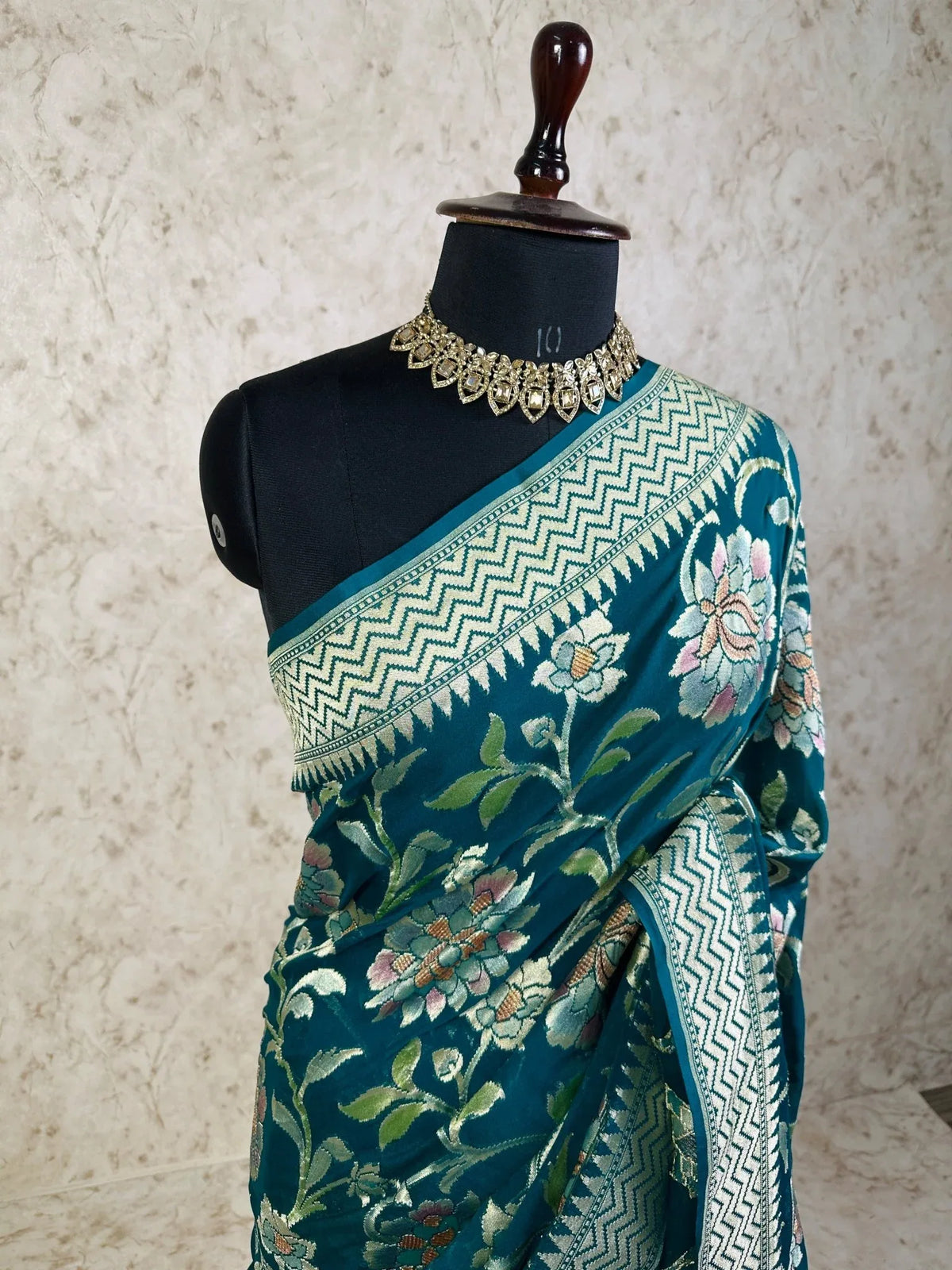 Teal Green Brush Dye Banarasi Khaddi Georgette Saree with Floral Pattern and Zigzag Border - Katan Banaras