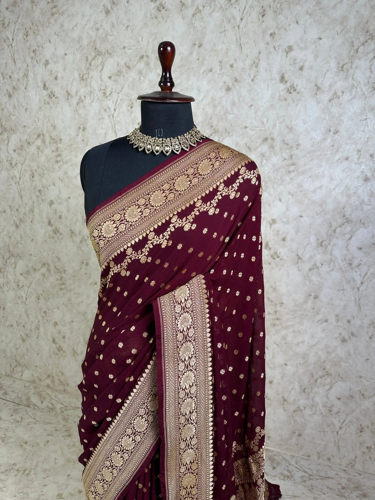 Wine Pure Khaddi Georgette Banarasi Saree with Floral Zari Border - Katan Banaras