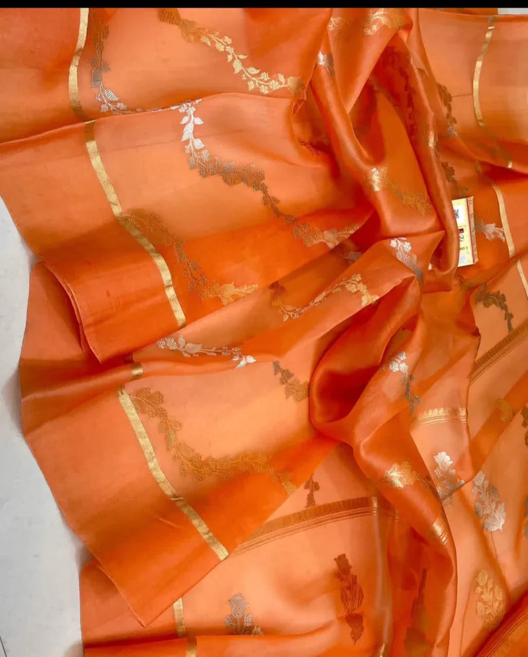 Pure Kora Silk Banarasi Saree in Saffron – A Radiant Handloom Masterpiece