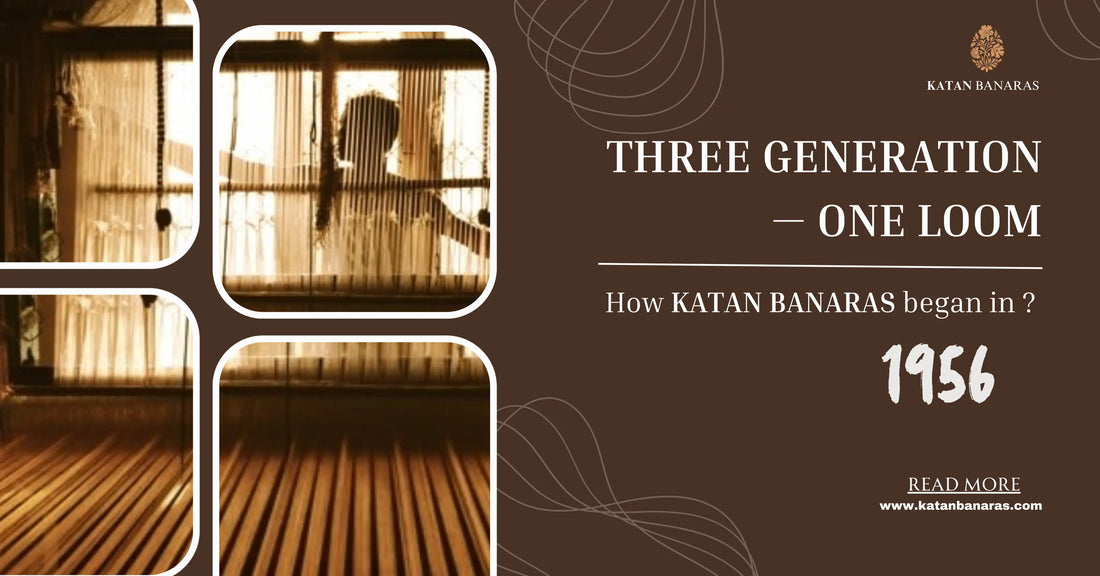 Promotional graphic for Katan Banaras with text about the brand's founding year and a silhouette of a person weaving a saree at Katan Banaras.