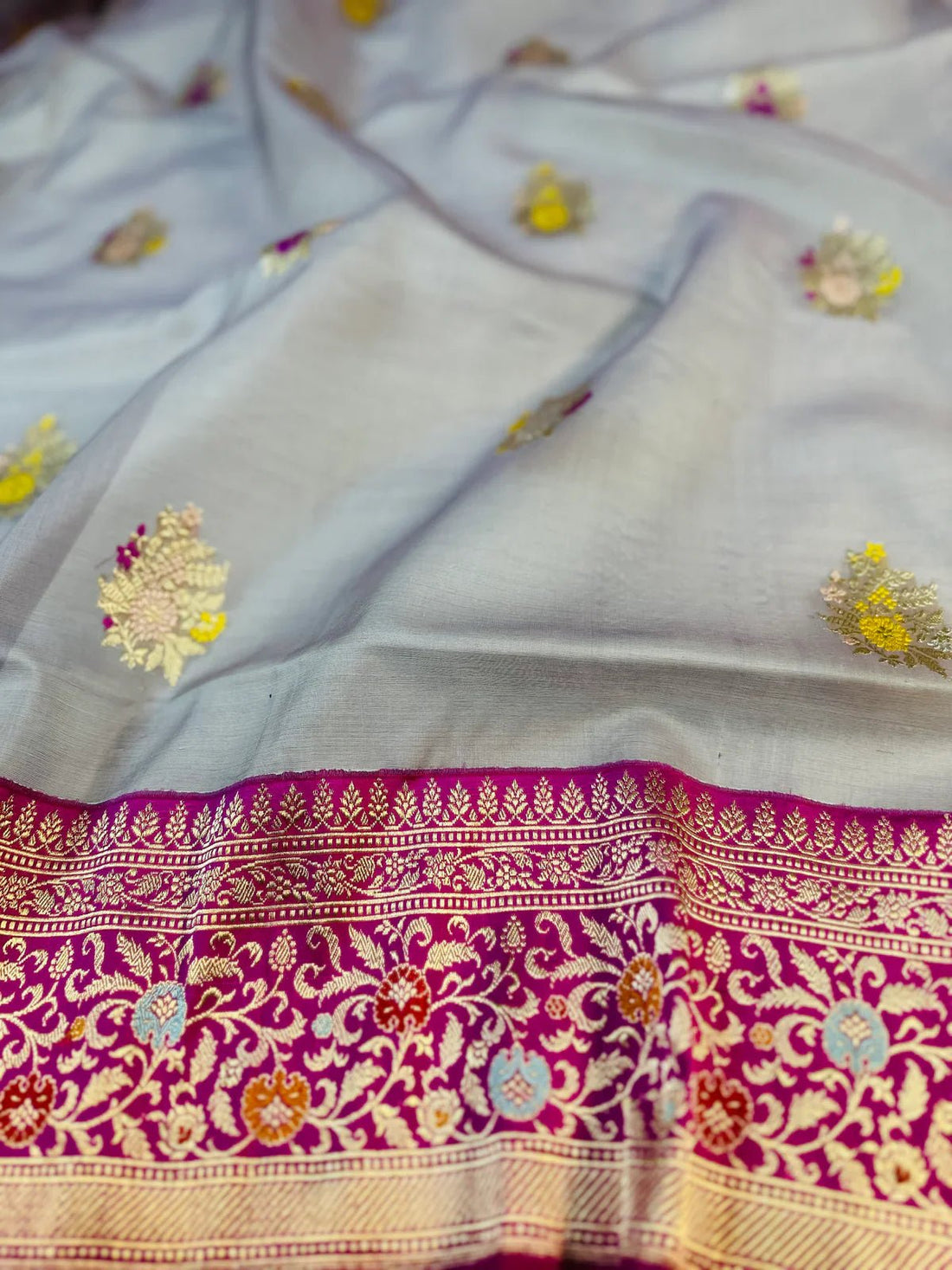 Pure Grey Katan Silk Handloom Banarasi Saree – A Legacy in Every Drape - Katan Banaras
