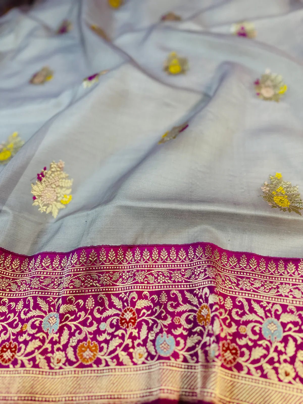 Pure Grey Katan Silk Handloom Banarasi Saree – A Legacy in Every Drape - Katan Banaras