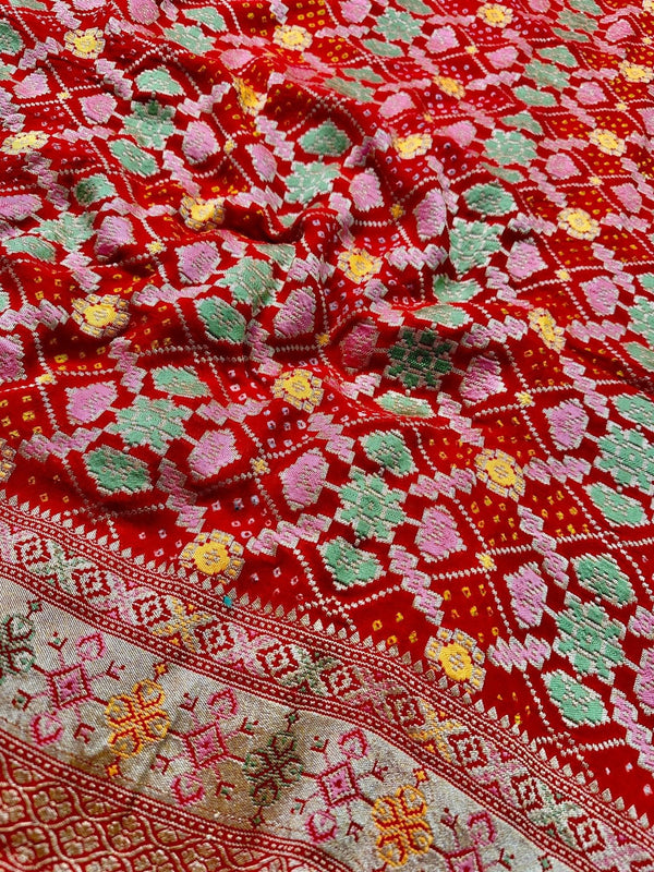 Crimson Red Pure Khaddi Georgette Bandhani Saree with Tilfi Minakari & Banarasi Zari Border - Katan Banaras