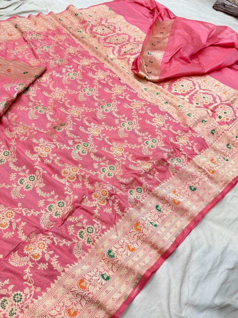 Pure Katan Silk Tilfi Minakari Banarasi Saree – Big Buta Motifs & Heavy Pallu