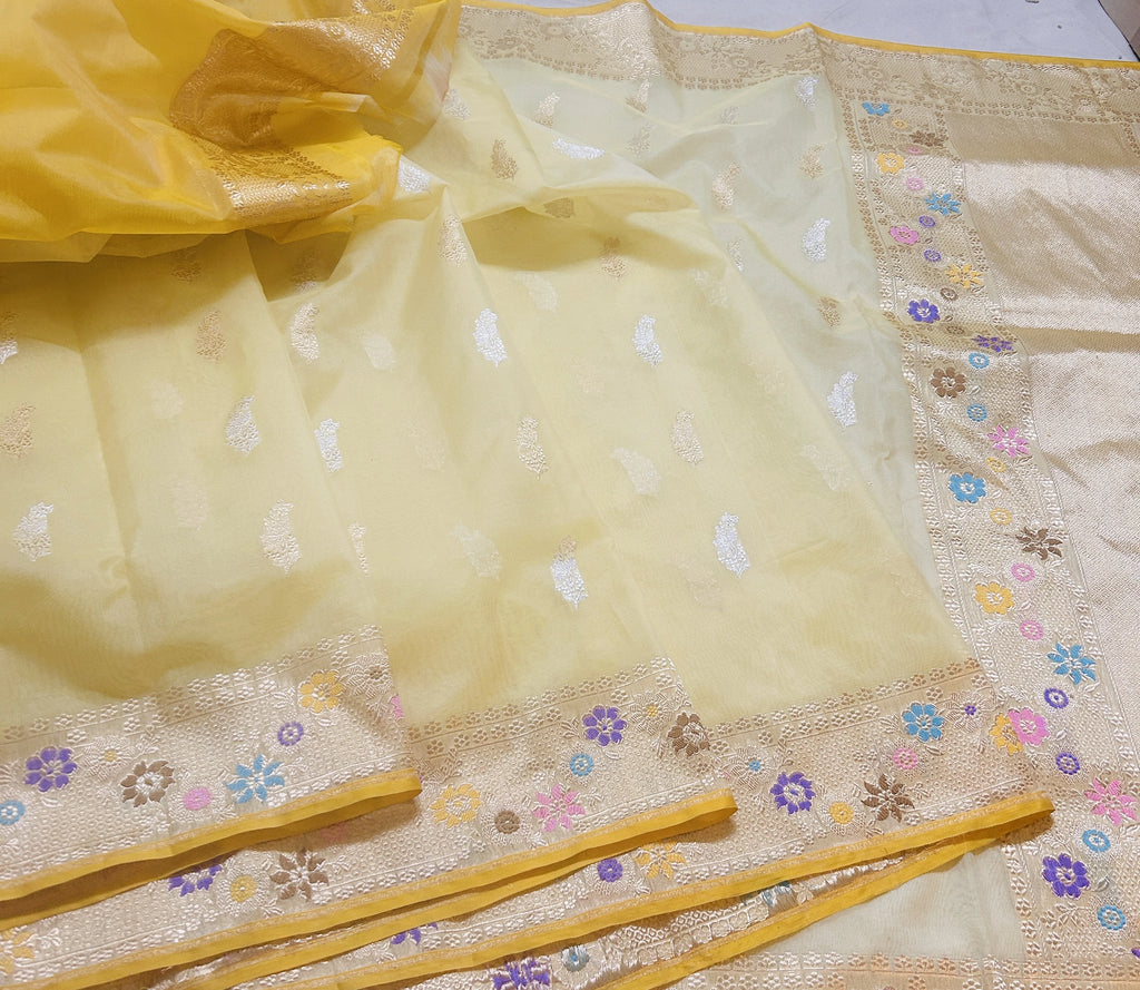 Turquoise Lemon Floral Buta Pure Kora Silk Banarasi Saree